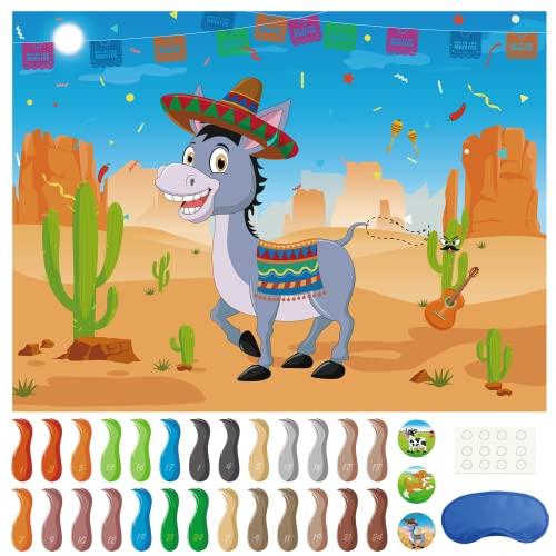 Morcheiong Morcheiong Pin The Tail on The Donkey Game with 48 Tails, Mexican Fiesta Party Favors Supplies Decorations, Birthday Party Game for Kids