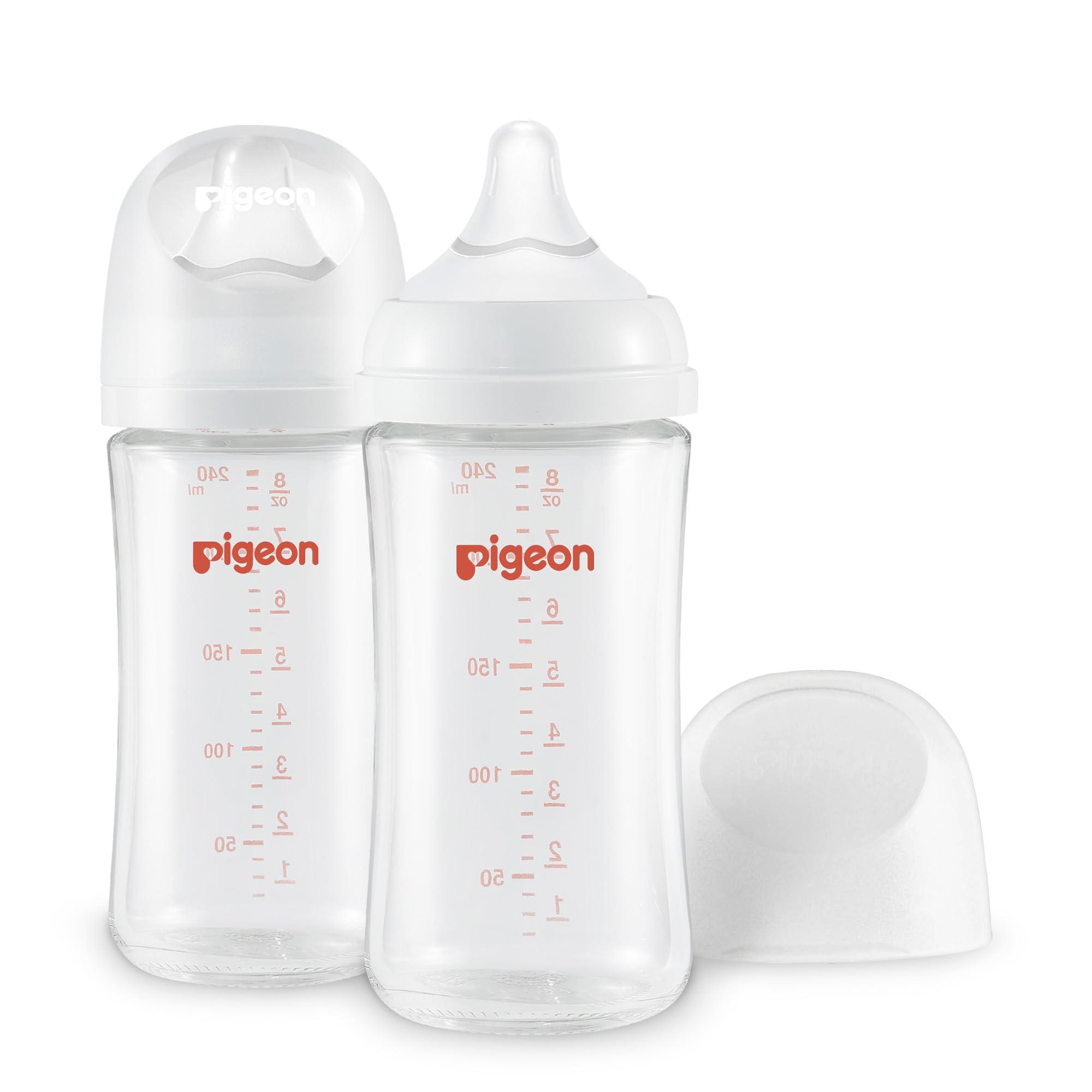 PIGEON Pigeon Glass Nursing Bottle Wide Neck, Anti-Colic, Streamlined Body, Natural Feel, Easy to Clean, Heat-Resistant, 8.1 Oz(Pack of 2), Includes 2pcs M Nipples (3m+)