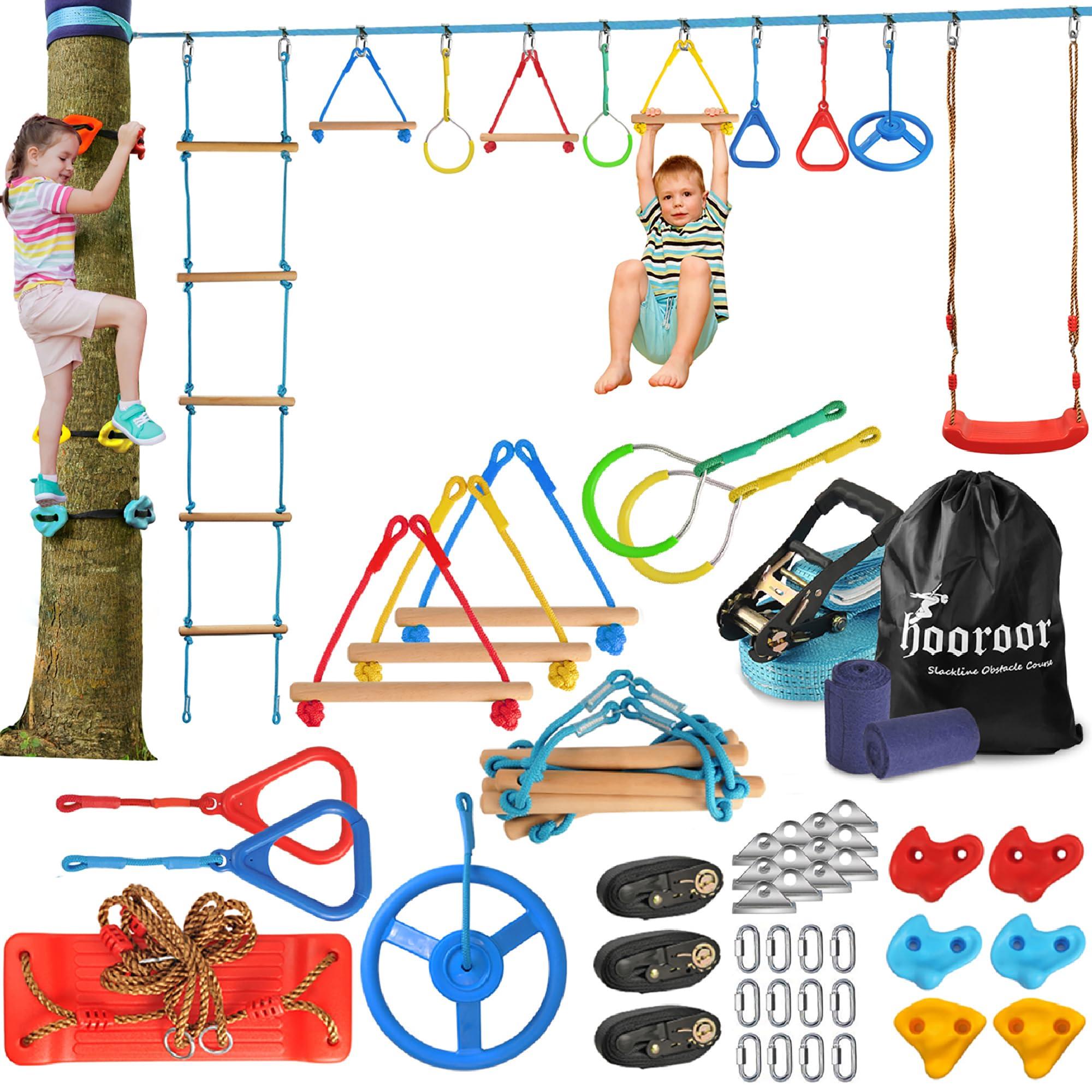 hooroor hooroor Ninja Warrior Obstacle Course for Kids and Adults - 66FT Slackline with Tree Climbing Rock Holds, Swing Seat, Monkey Bars, Ring Wheel, Rope Ladder - Outdoor Training Playset