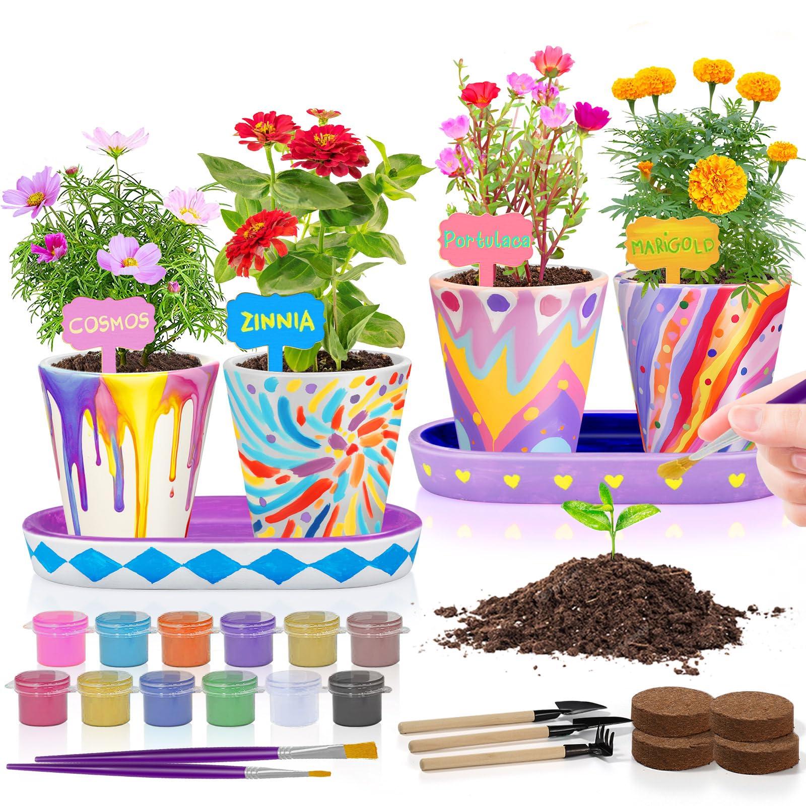 Tekoly 4 Set Paint & Plant Flower Gardening Kit - Gifts for Girls Ages 8-12, Arts and Crafts for Kids Ages 8-12, Kids Gardening Set, Birthday Toys Christmas Gifts for Girls Boys Ages 4 5 6 7 8 9 10 11 12