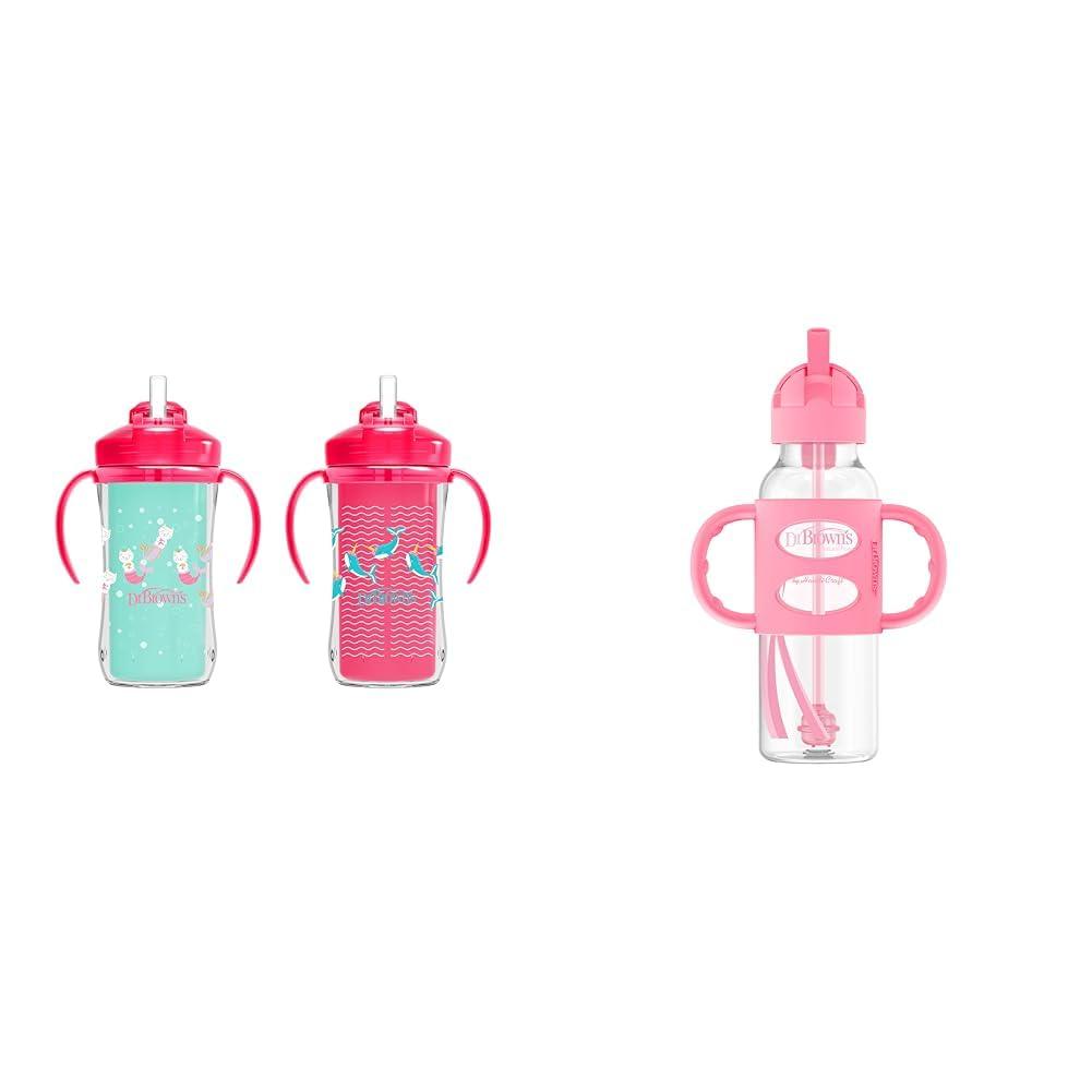 Dr. Brown\'s Dr. Brown's Milestones Insulated Sippy Cup with Straw and Handles, Pink, 10oz, 2 Pack, 12m+ & Milestones Narrow Sippy Straw Bottle with 100% Silicone Handles, 8oz/250mL, Pink, 1 Pack, 6m+