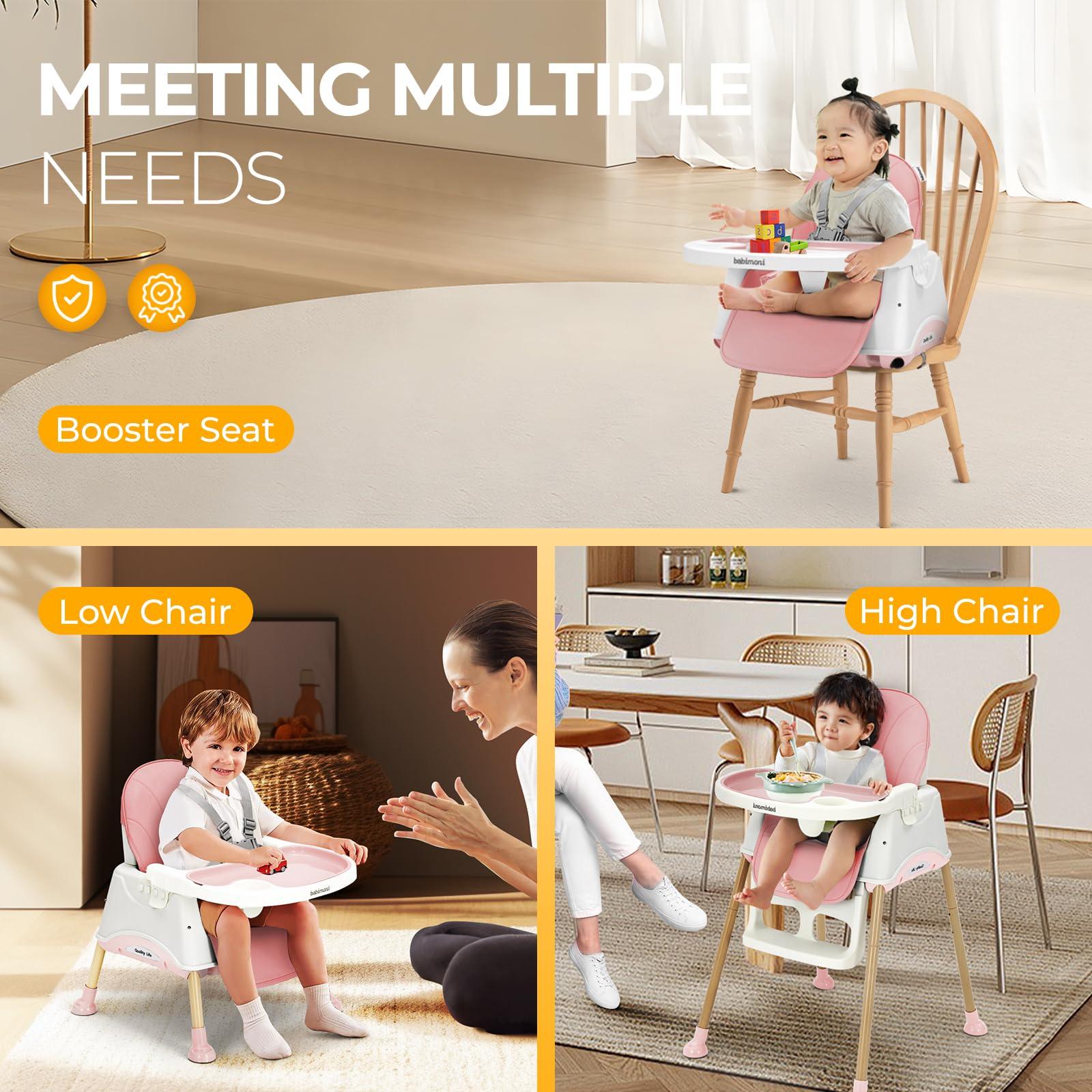 babimoni babimoni 3 in 1 High Chairs for Babies and Toddlers, Convertible High Chair, High Chair with Foot Rest and Double Tray, Easy to Clean, Compact and Versatile, Perfect for Growing Kids, Pink