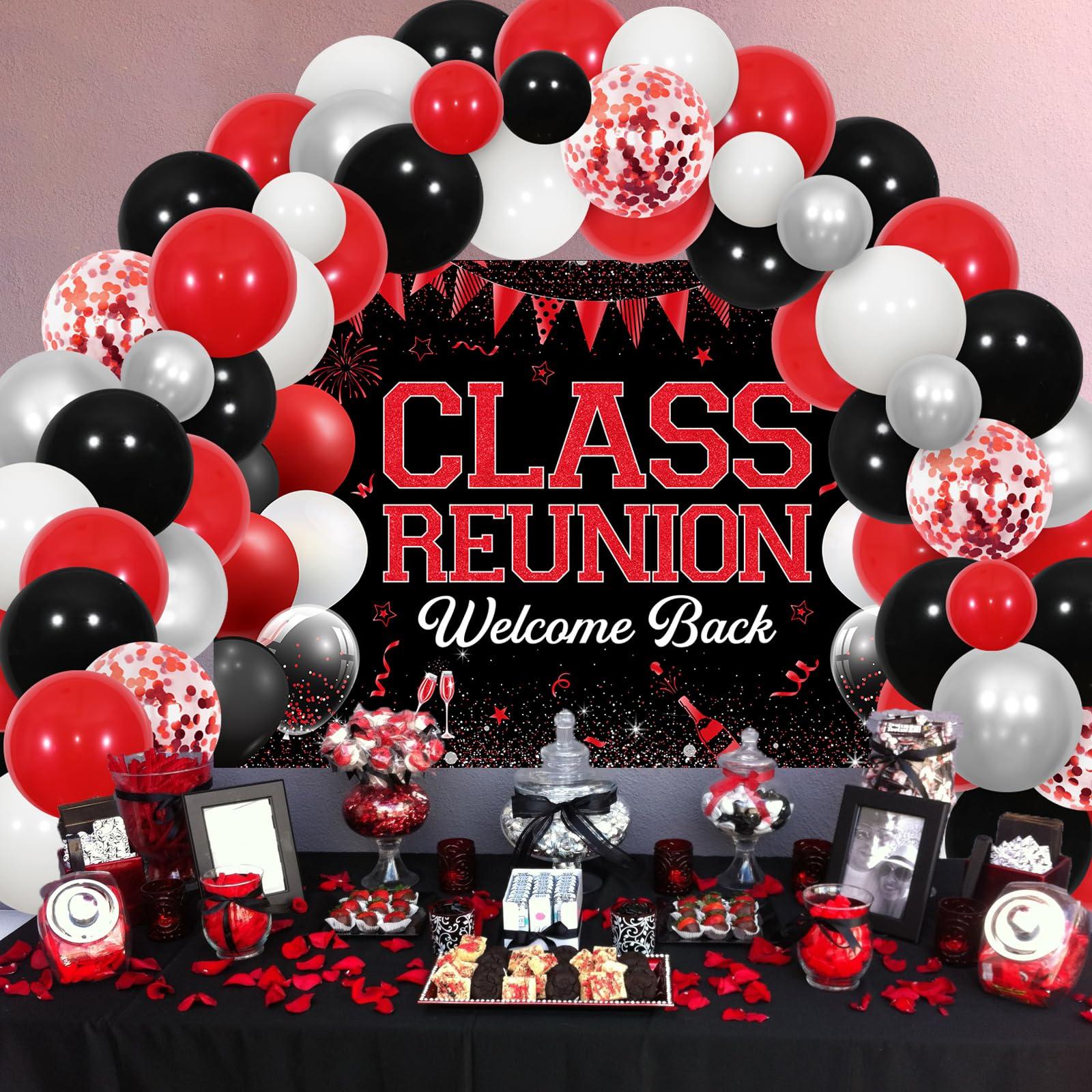 JOYMEMO Class Reunion Party Decorations - Red and Black Balloon Garland Arch Kit with Welcome Back Class Reunion Backdrop, High School Reunion Party Photography Background Supplies