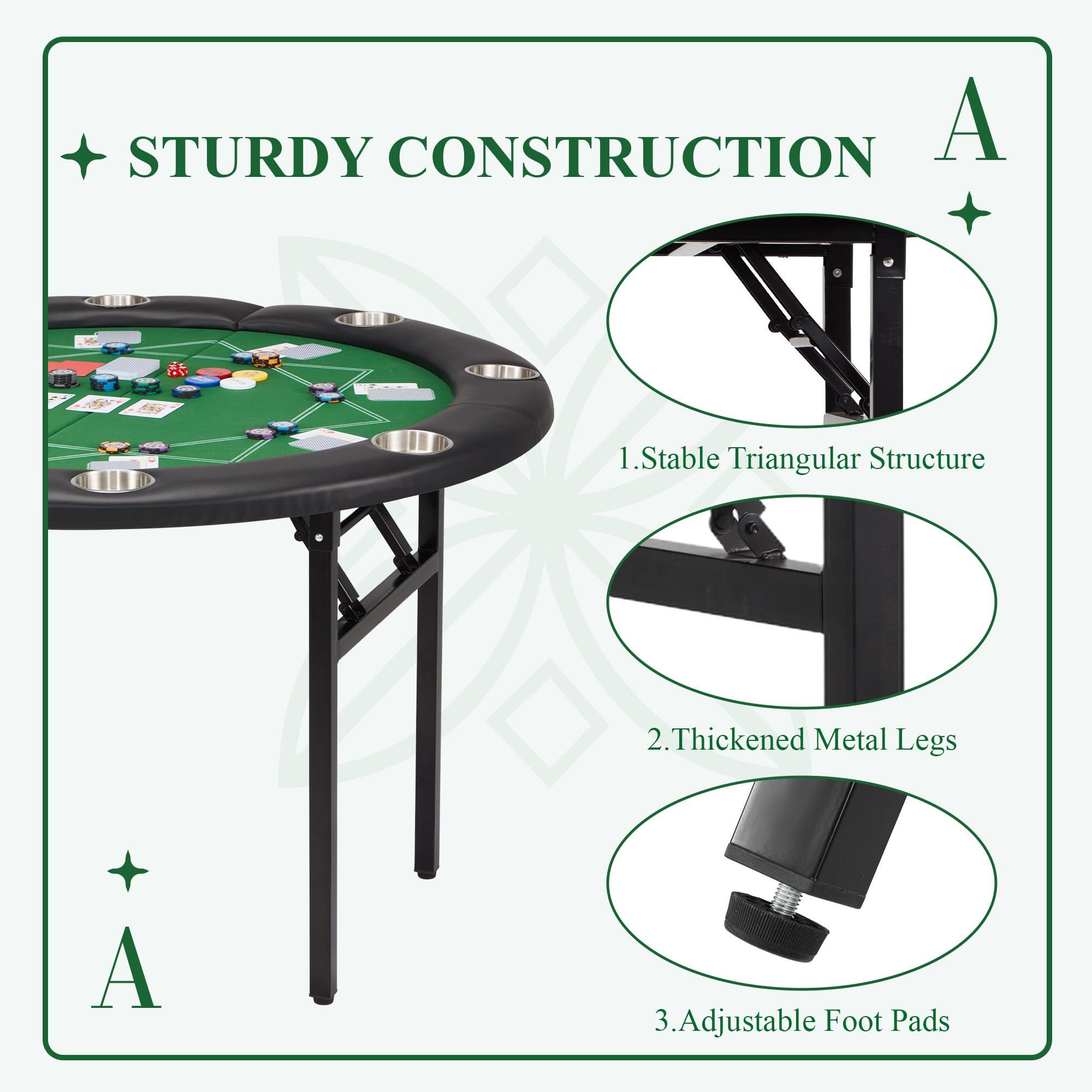 ECOTOUGE ECOTOUGE 8 Players Poker Table Foldable, Round Casino Texas Holdem Table with Stainless Steel Cup Holders & Faux Leather Padded Rails, Folding Gaming Table for Card Games, Green