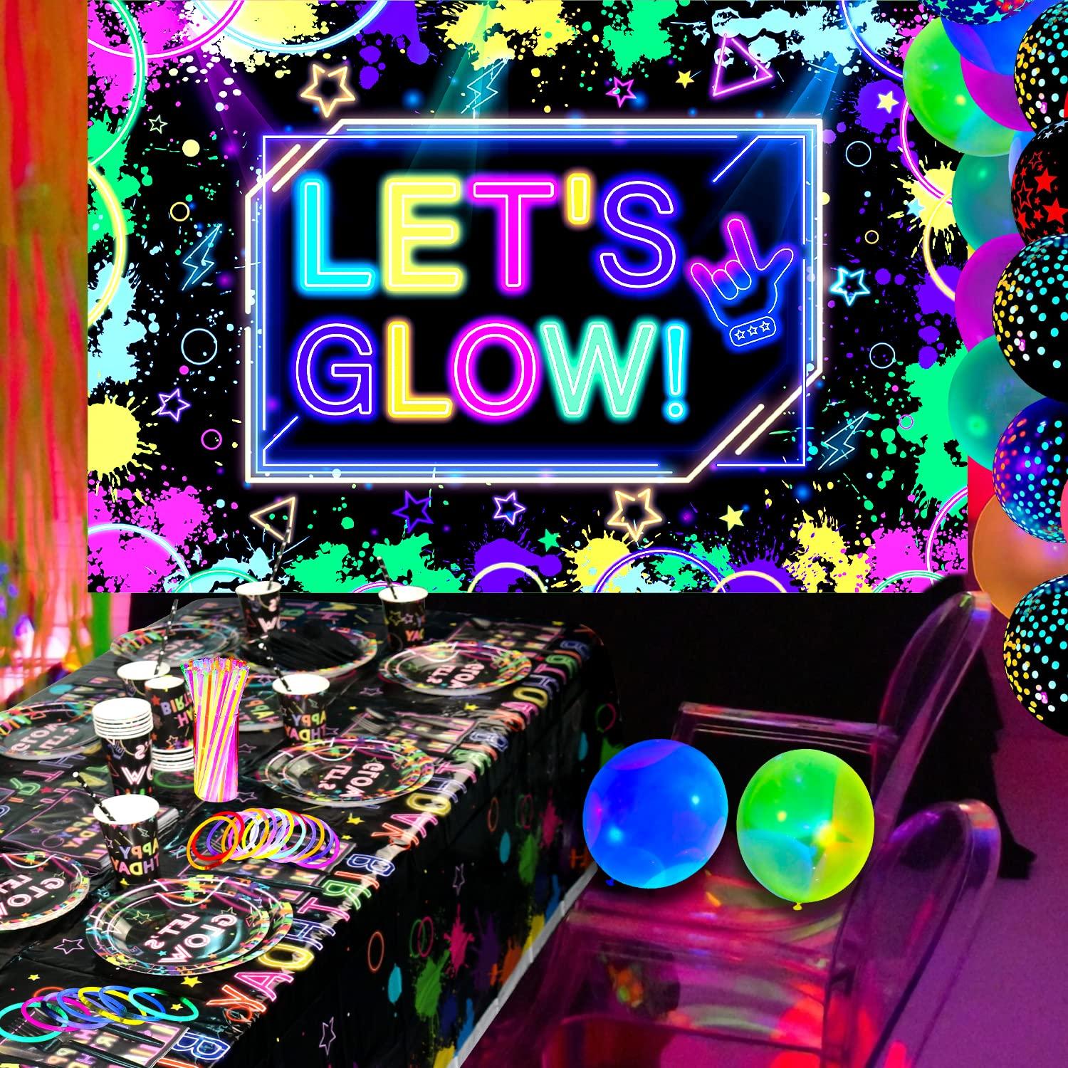 Ywediim Glow Neon Party Supplies - Glow in the Dark Birthday Let\'s Glow Backdrop Banner, Plates, Glow Sticks, Tablecloths, Cups, Napkins, Neon Balloons, for Blacklight Party Decorations Serves 20 (Set A)