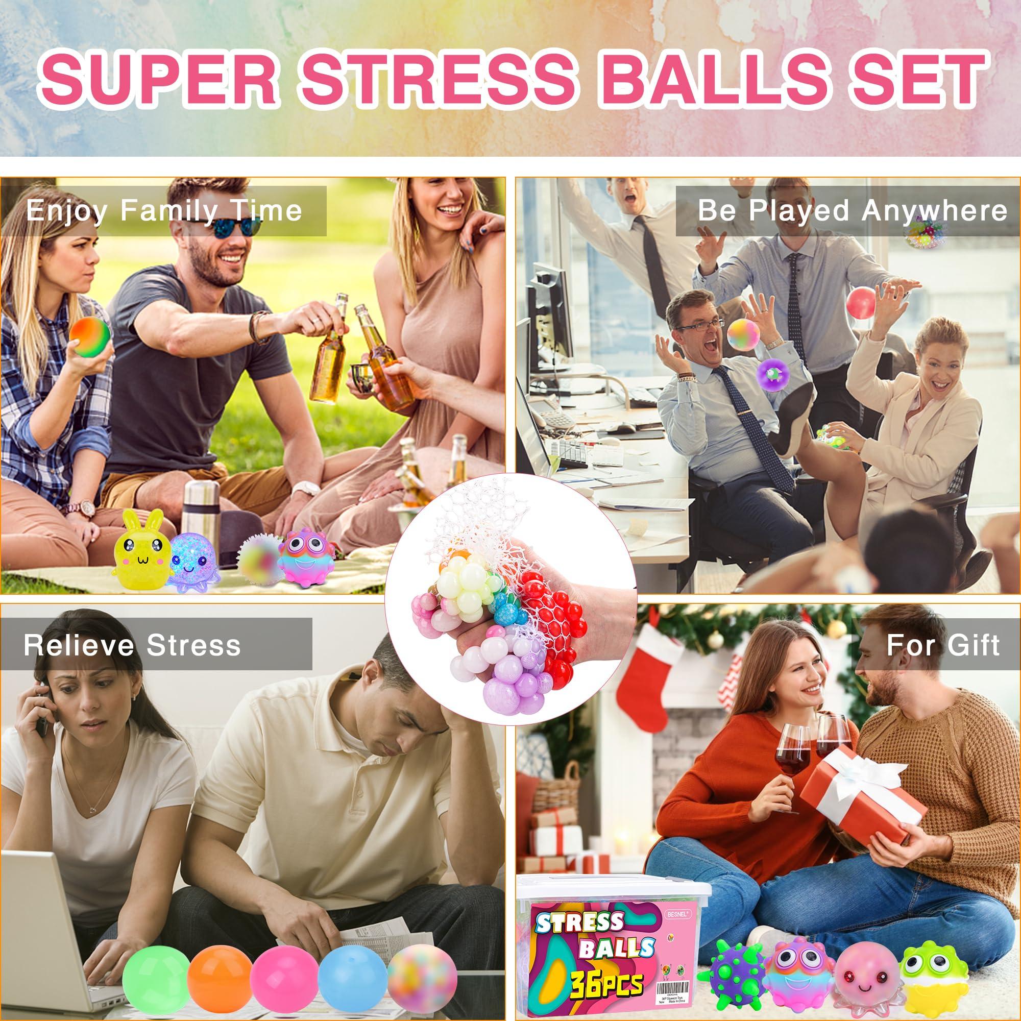 BESNEL 36 Pack Stress Balls, Squishy Balls, Squishy Fidget Stress Relief, Squeeze Ball for Adults Stress Relieve, Prize Box for Friends, Party Favors