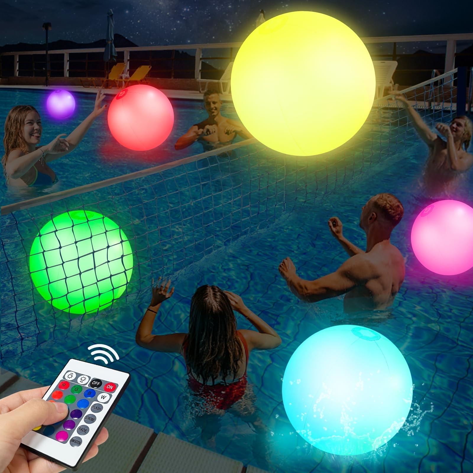 AMENON AMENON 4 Pack Glow in The Dark Beach Balls 16 Inch Inflatable Light Up Beach Ball with Remote Control 16 Colors Lights and 4 Light Modes Pool Game for Adult Kid Pool Party Decor,Glow Party Supplies