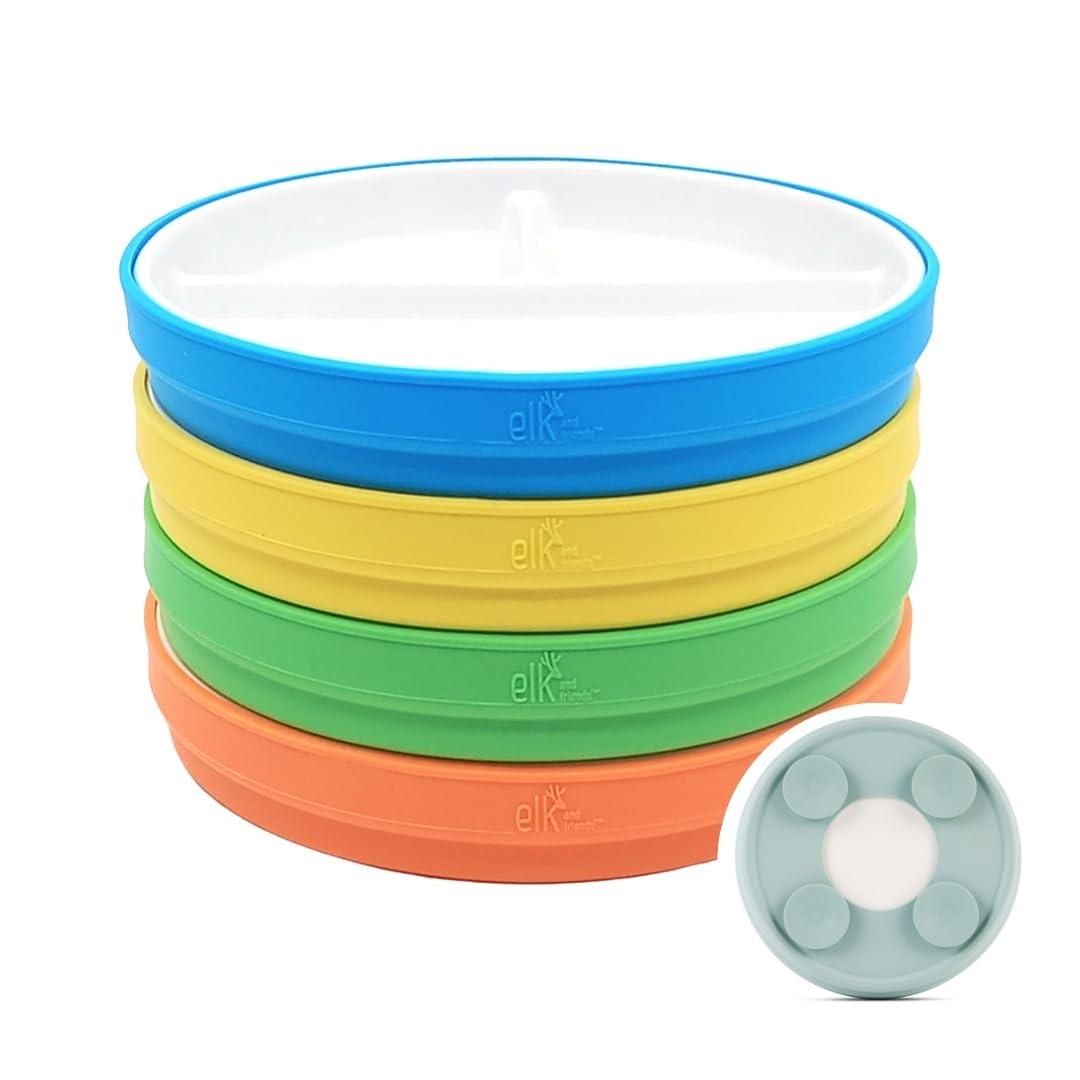 Elk and Friends Elk and Friends Kids 7.8 Porcelain White Plates with Silicone Suction Sleeves Sleeves | Divided Plates | Suitable for Babie/Kids/Toddlers | Microwave & Dishwasher Safe | Non Slip | Snack Dishes