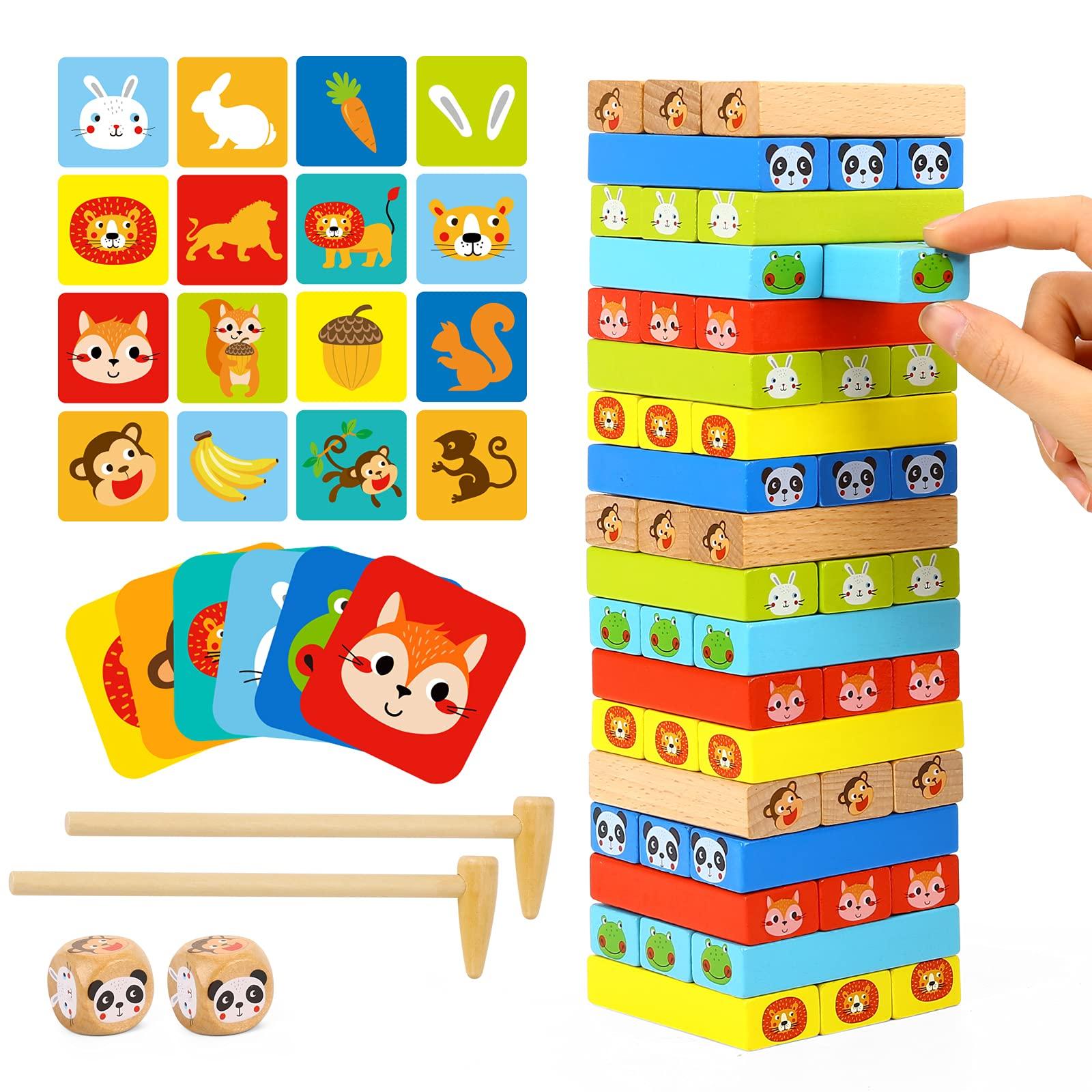 TOOKYLAND TOOKYLAND Colored Wooden Blocks Stacking Board Games Tumble Tower Games with Animal Pictures for Kids Boys Girls - 80 Pieces