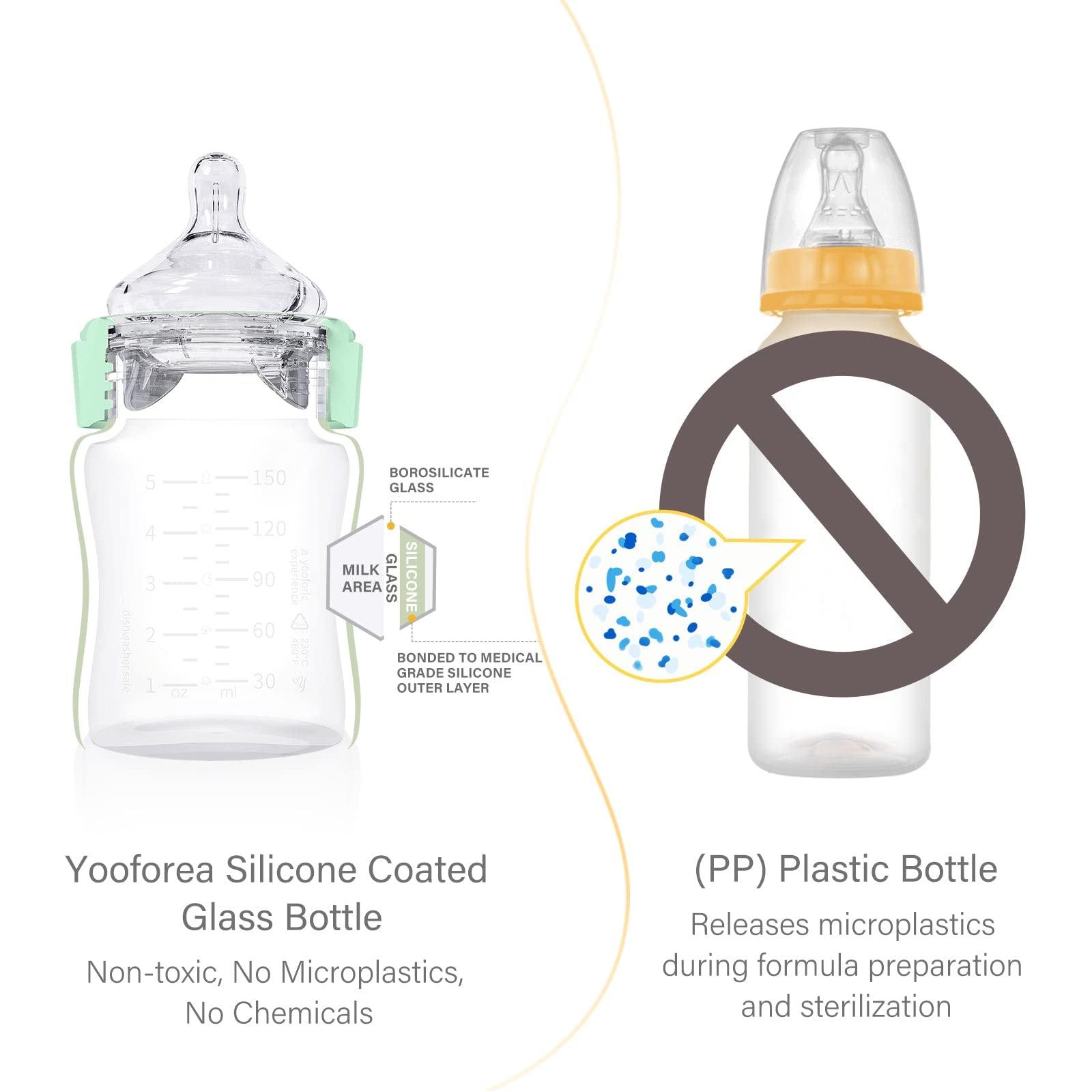 YOOFOREA Yooforea Silicone Coated Glass Baby Bottle, 6M+ Fast Flow Nipple I Anti-Colic, Wide Neck, Stable Base I Medical-Grade Silicone Coating for Shatter Protection, BPA BPS PVC Free (9 Ounce-Tea)