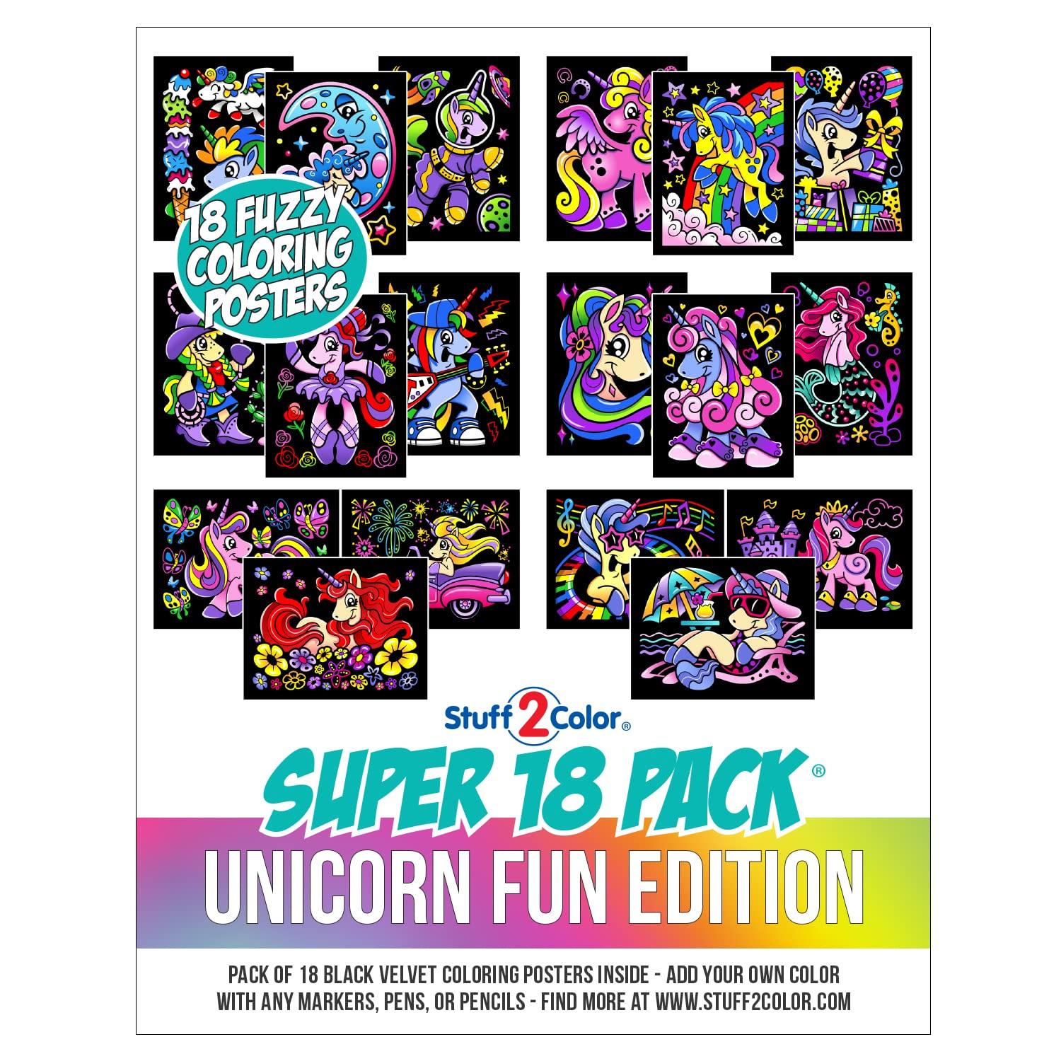 Stuff2Color Super Pack of 18 Fuzzy Velvet Coloring Posters (Unicorn Fun Edition) - Great for Family Time, Arts and Crafts, Travel, Quiet Time, Sharing, Parties [All Ages: Kids, Girls, Adults, Toddlers, Teens]
