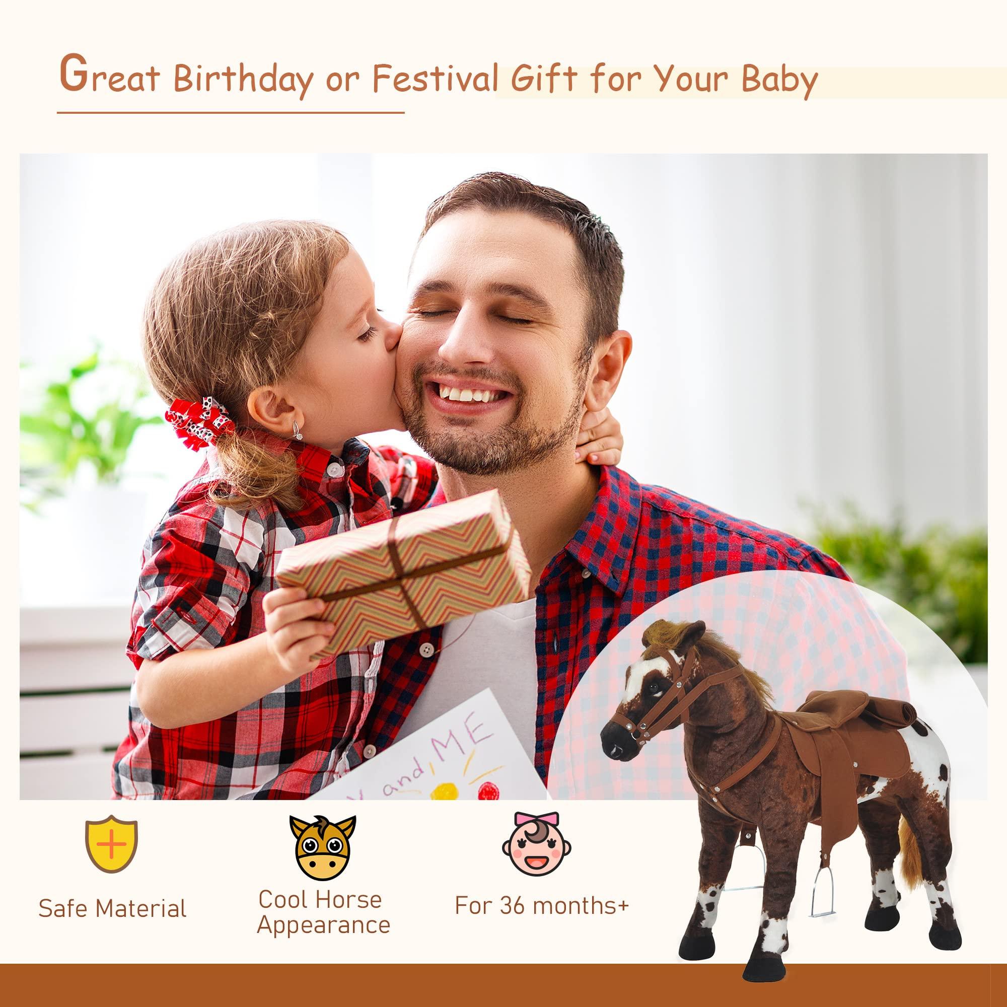 Qaba Qaba Sound-Making Ride On Horse for Toddlers 3-5, with Neighing and Galloping Sound, Stuffed Animal Horse Toy for Kids with Padding, Soft Feel, Brown