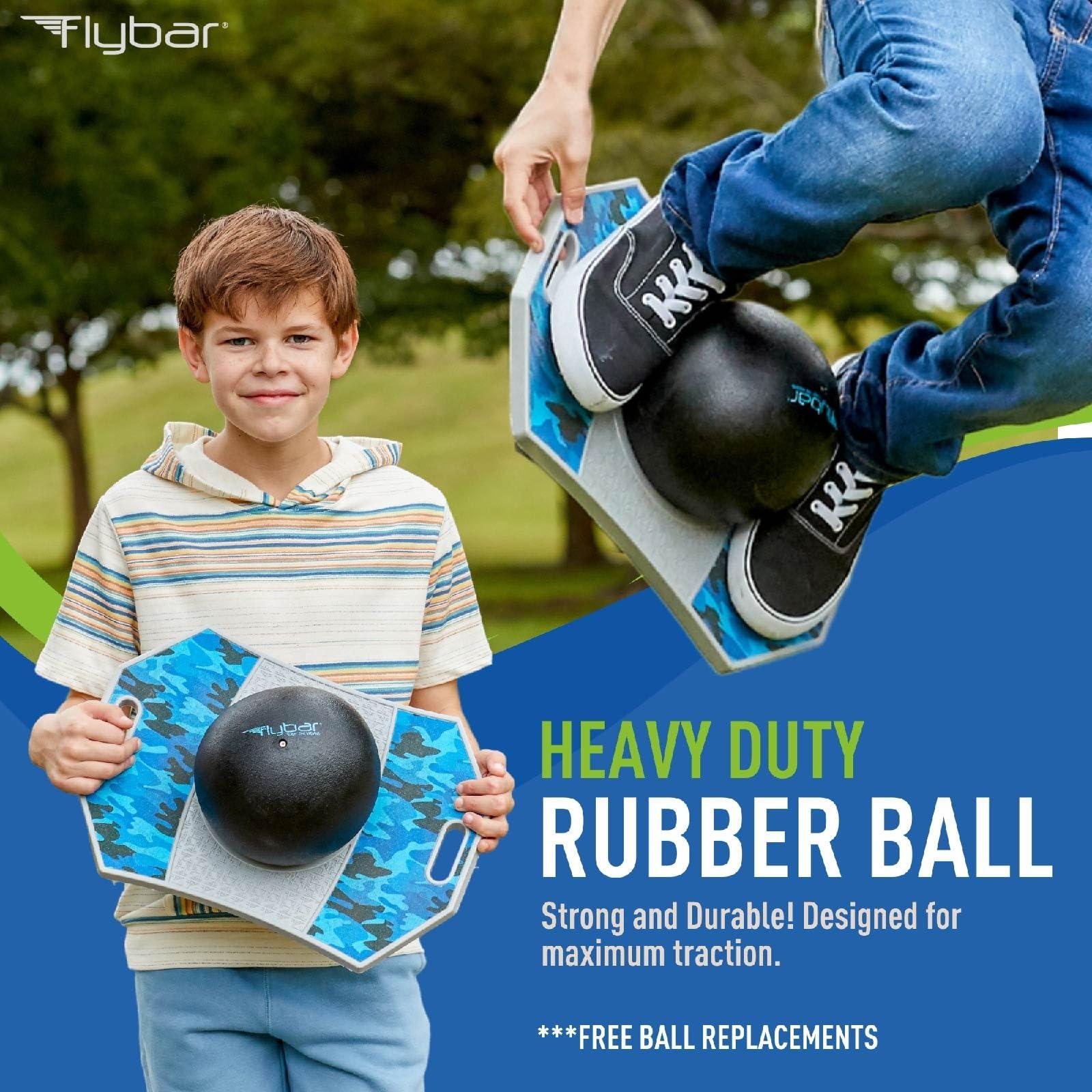 Flybar Flybar Pogo Trick Ball for Kids, Trick Bounce Board for Boys and Girls Ages 6+, Up to 160 lbs, Includes Pump, Easy to Carry Handle, Durable Plastic Deck Indoor, Outdoor Toy Pogo Jumper (Blue Camo)