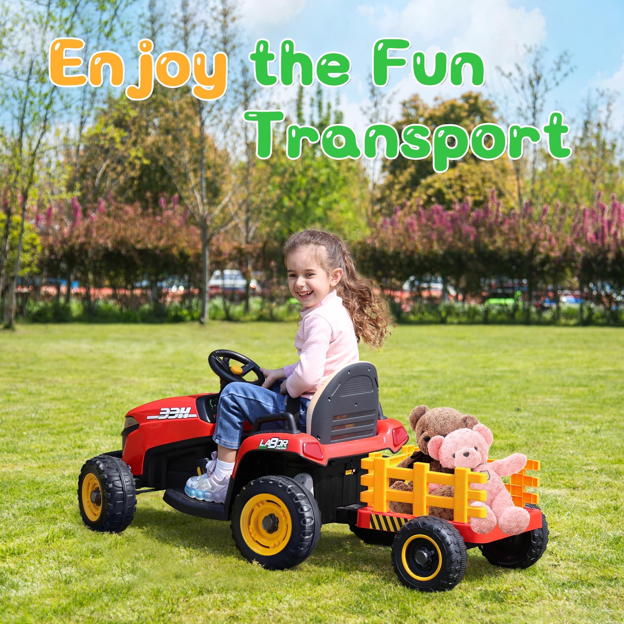 ANPABO ANPABO 24V Ride On Tractor w/Tiltable & Detachable Trailer, EVA Tires, Up to 4.3Mph, Ride On Toys with Parental Remote, Realistic Tractor Sound & Chimney, Music Player, LED Light, Red