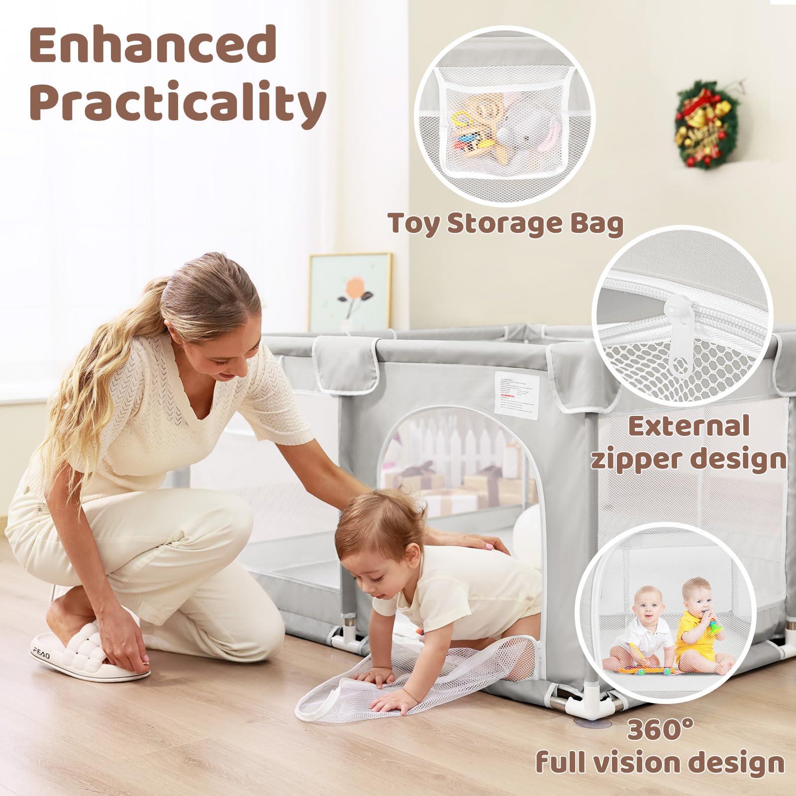 Beavtaens Baby Playpen, 50x50 Inch Playpens for Babies and Toddlers, Play Pen with Carrying Bag, Play Yard for Indoor and Outdoor with Visible Mesh(Light Gray)