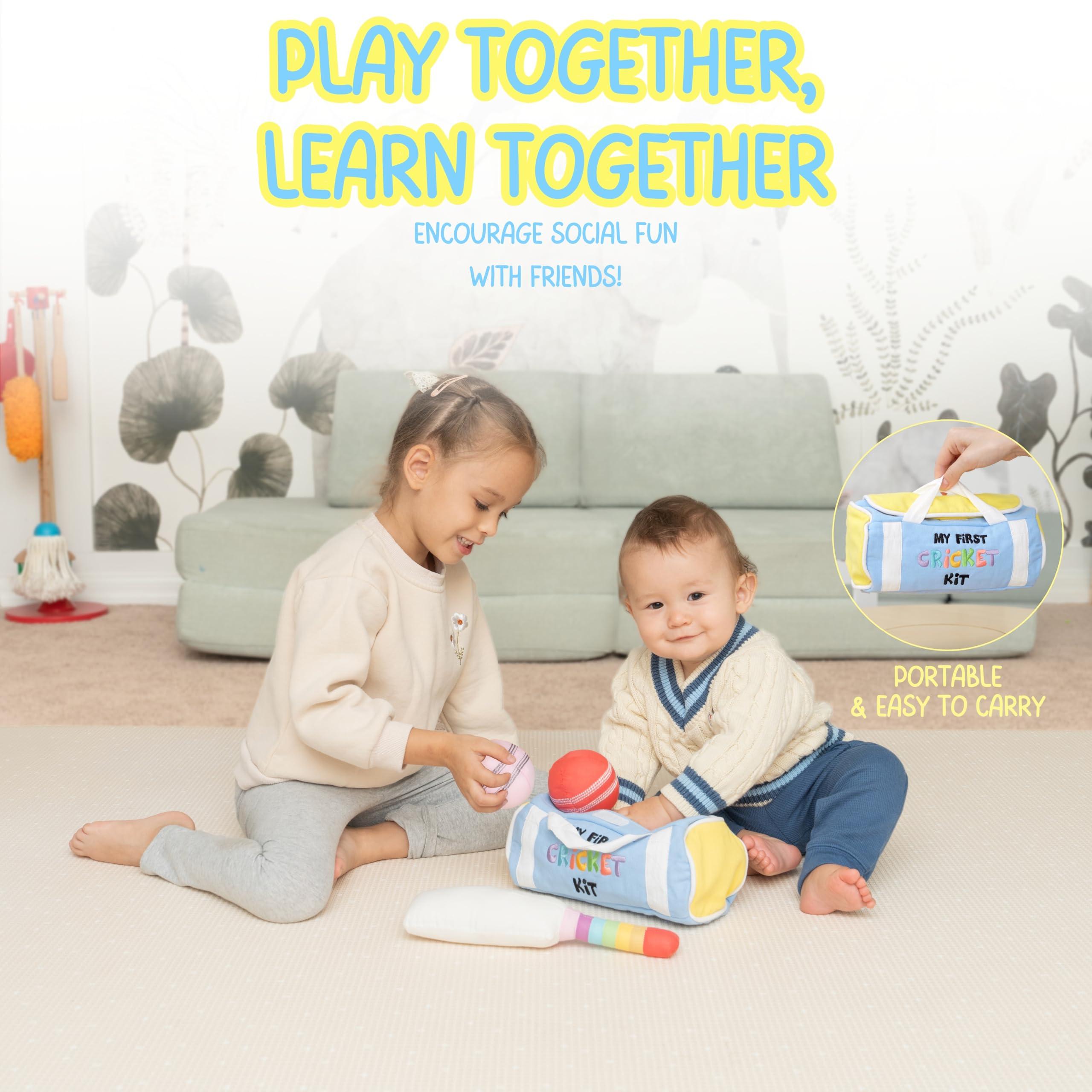 CRICBABY CRICBABY My First Cricket Kit | Organic Soft Plush Toy | Gift Baby and Infant 0-2 Years | 3 Soft Sensory Cricket Balls-Rattle, Crinkle, Squeaker & 1 Rainbow Rattle Cricket Bat | Safe, Fun, Educational