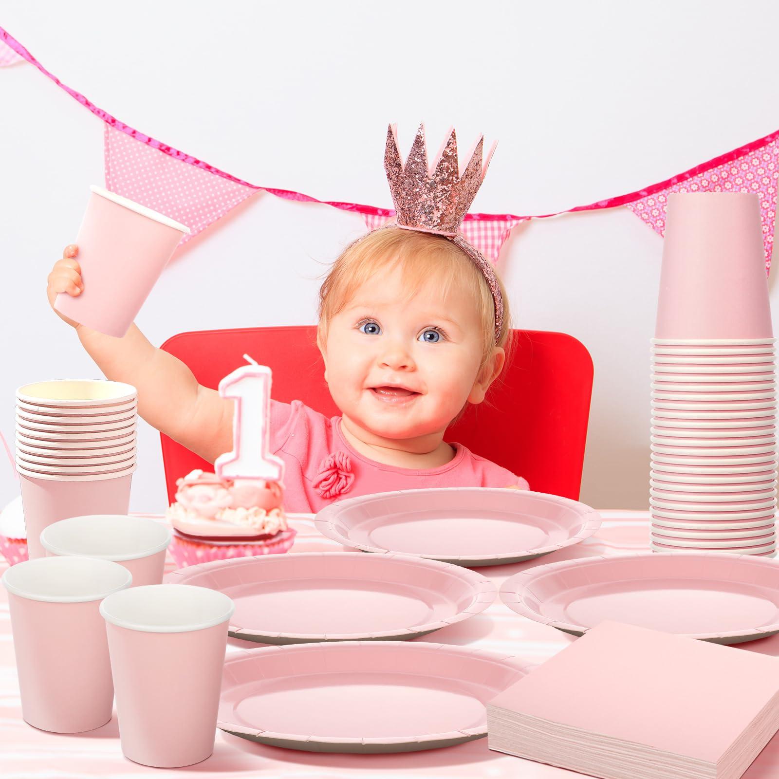 Hushee Hushee 200 Pcs Pink Party Supplies Set Pink Paper Plate and Napkins Serves 50 Guests Pink Disposable Plates Napkins Cups for Baby Shower Decorations for Girl, Pink Party Decorations