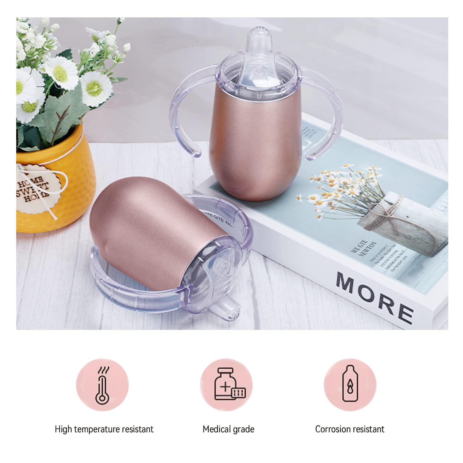Buumin Stainless Steel Straw Sippy Cup with Handles & Silicone Lids,10 oz BPA Free Double Wall Vacuum Insulated Sippy Cup Mug Tumbler Toddler Straw Cups for boys and girls Non-Spill Sippy Cups (Rose Gold)