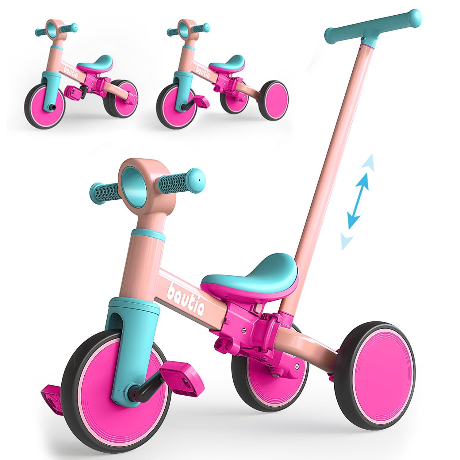 Bautia Kids Tricycle with Push Handle for Toddlers 1 4 Years Old Boys Girls Gift 5 in 1 Baby Balance Bike for Toddlers 1 3 with Removable Pedals No Parent Steering Version