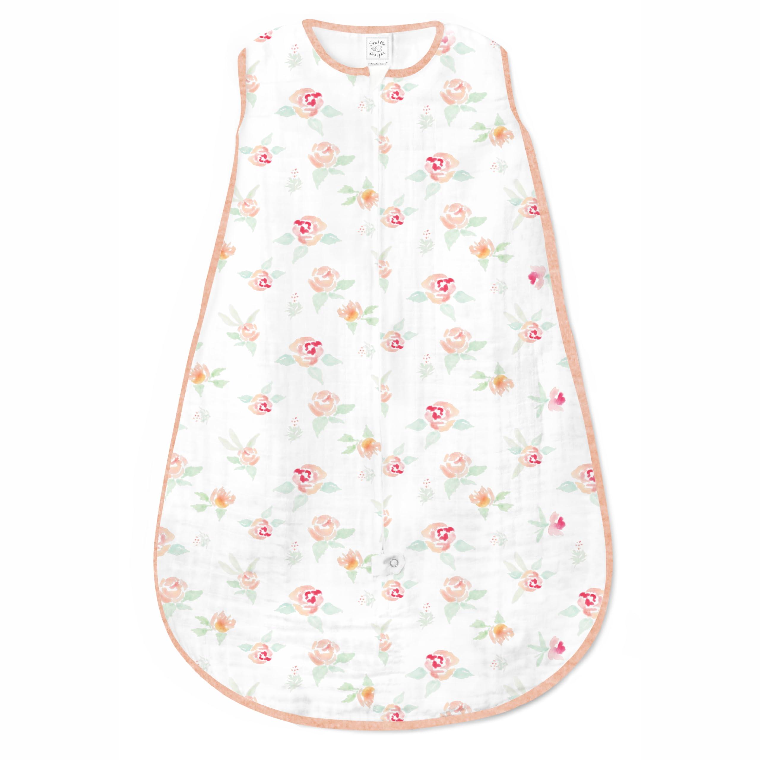 SwaddleDesigns SwaddleDesigns Baby Sleep Sack 0-6 Months, Cotton Muslin Wearable Blanket with 2-Way Zipper, Non-Weighted Sleeping Sack for Safer Sleep, Watercolor Peachy Pink Floral, Small