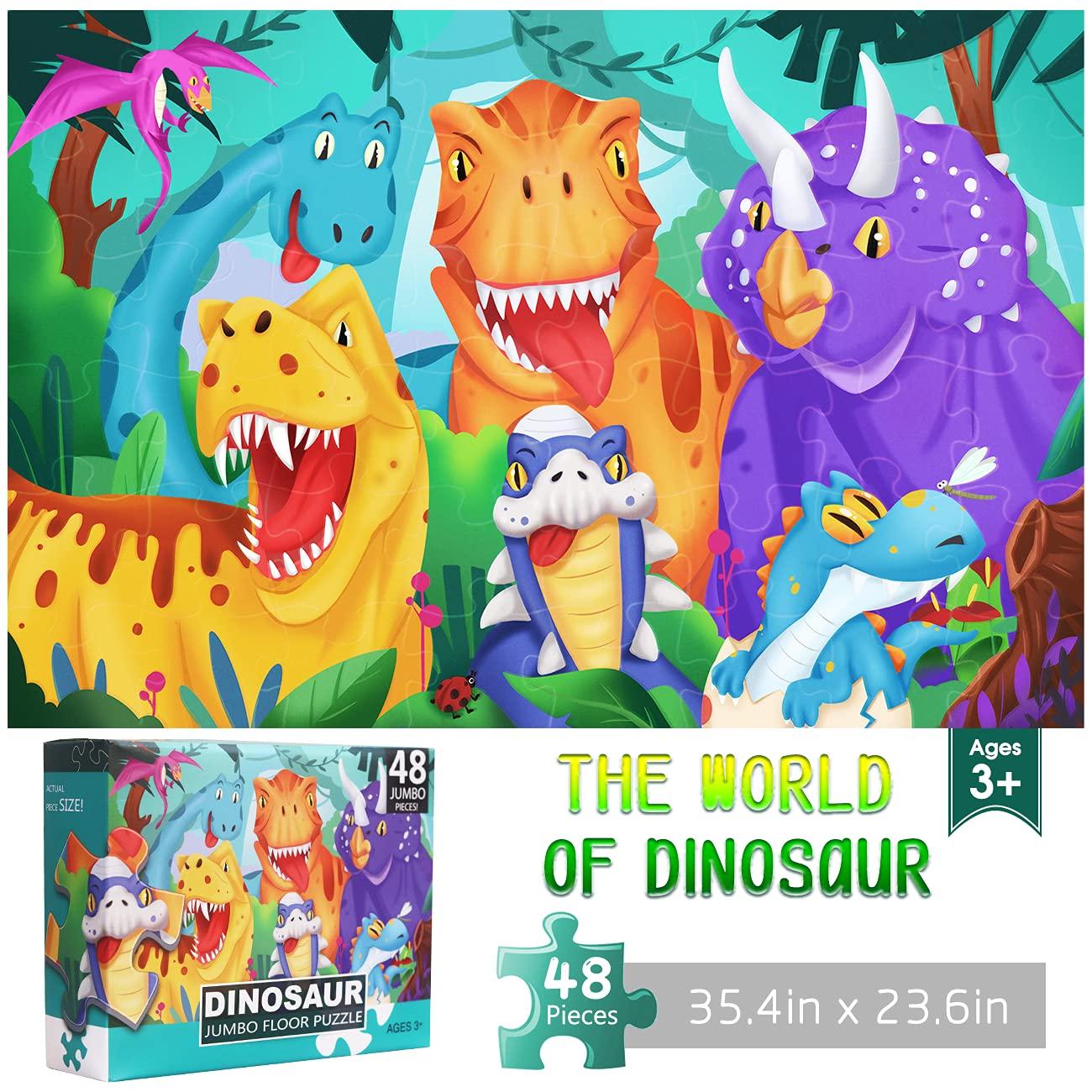 IFLOVE Jumbo Floor Puzzle for Kids World Map Dinosaur Jigsaw Large Puzzles 48 Piece Ages 3-6 for Toddler Children Learning Preschool Educational Intellectual Development Toys 4-8 Years Old
