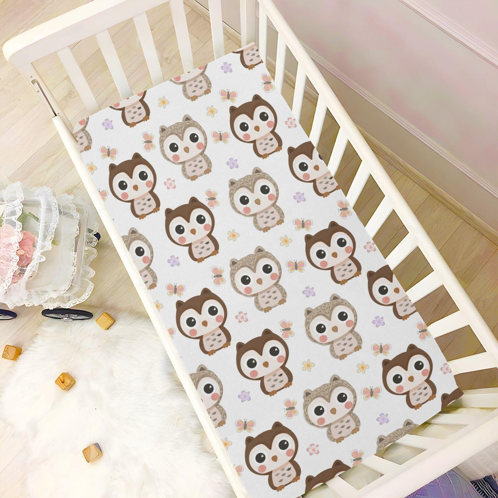 Vdsrup Crib Sheets for Boys Girl Owl Breathable Mini Crib Mattress Sheets Fitted, Butterfly Toddler Fitted Playard Sheet Fits Most Standard Baby mattresses 52 * 28 * 9In