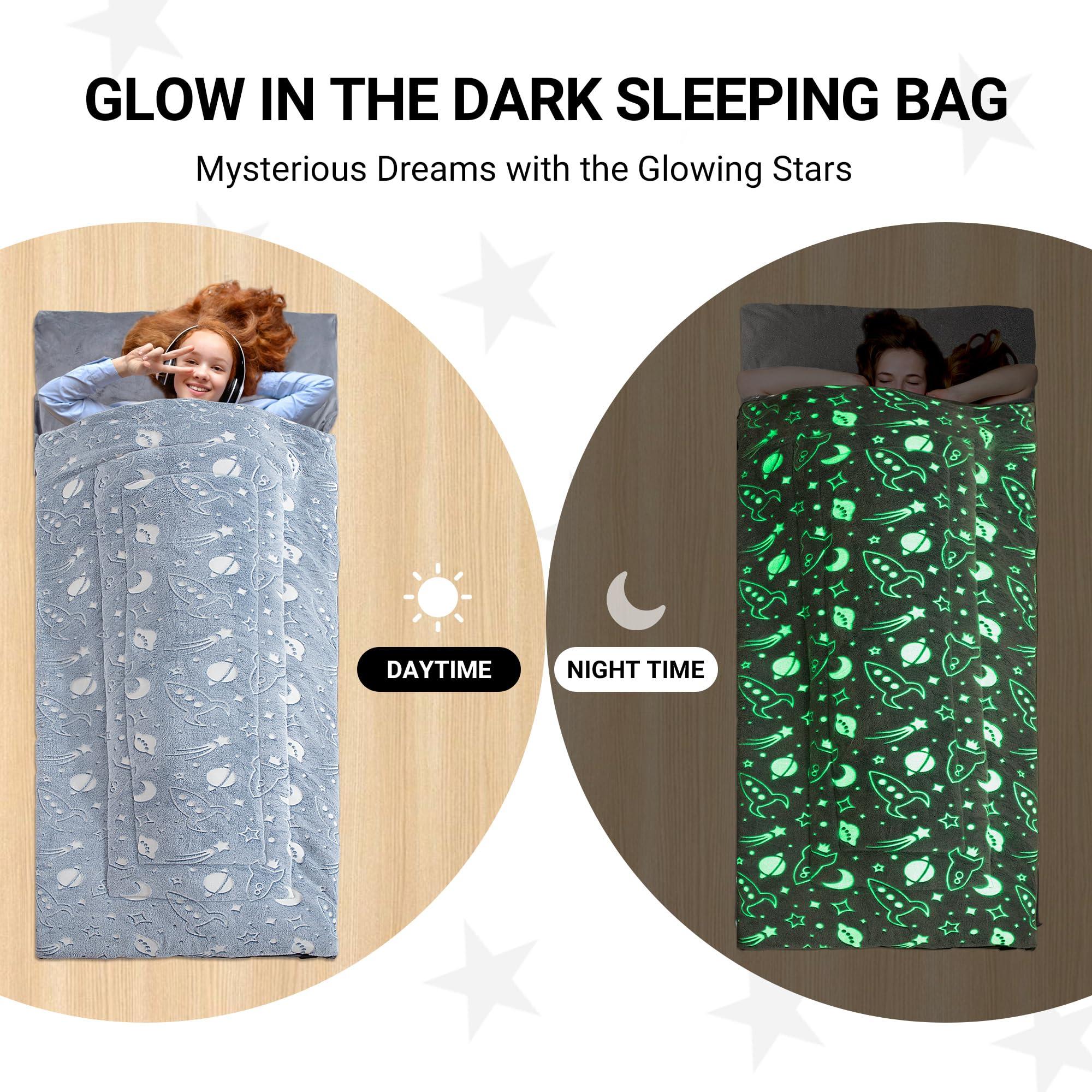 HOMBYS HOMBYS Glow in the Dark Sleeping Bags for 10~12 Years Old Kids, 84\"x30\" Soft Kids Nap Mat with Pillow and Blanket for Daycare School, Grey Travel Sleep Bag for Childern Girls Boys Truck Travel Camping