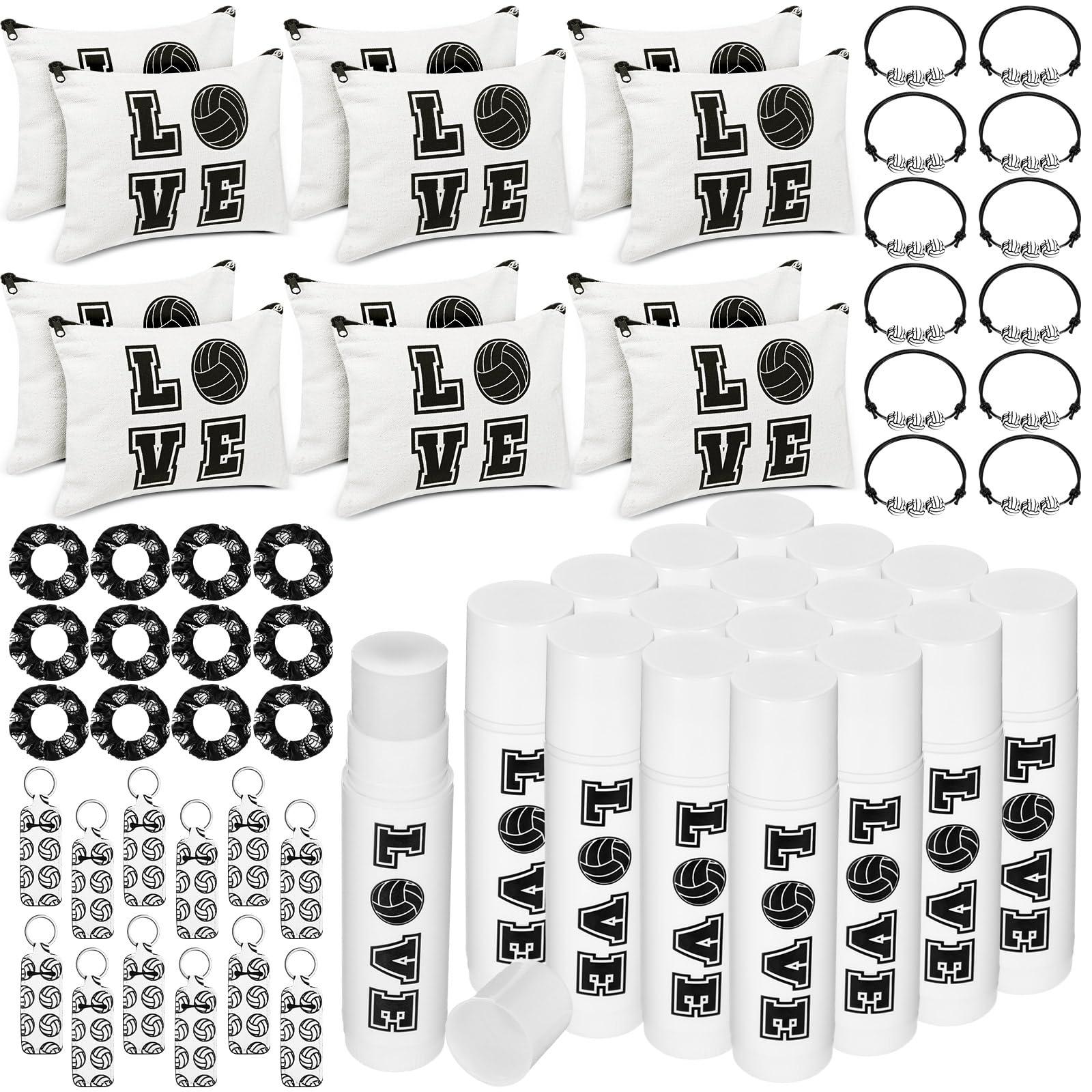 Heigble Heigble 60 Pcs Volleyball Gifts Volleyball Party Favors Volleyball 12 Cosmetic Makeup Bags 12 Hair Scrunchies 12 Charm Bracelet 12 Lip Balm 12 Volleyball Lipstick Holder Keychain for Team Gifts