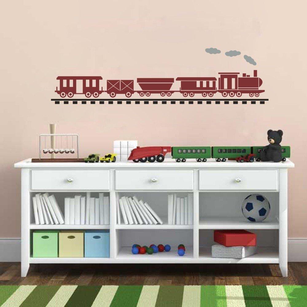 SCOOPTOUR WALL ART Train Track Wall Decal Nursery Wall Sticker Vinyl Children Playroom Wall Decor (Large,Train:Dark Red,Track:Black,Steam:Slate Gray)