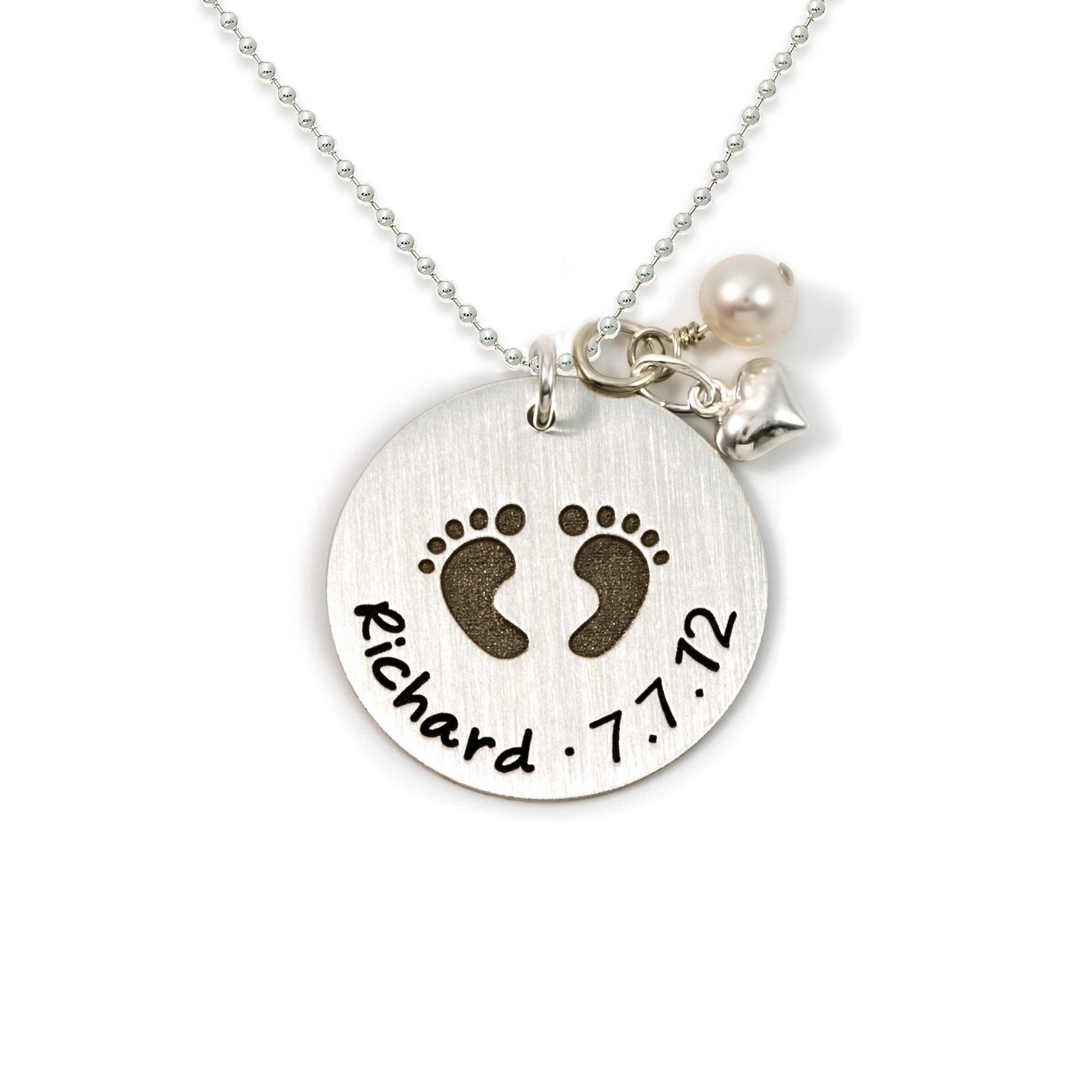 AJ\'s Collection AJ's Collection Baby Footprint Personalized Sterling Silver Name Necklace. Customize with Child's Name, Date or Special Wording, Engraved with Solid Baby Feet. Choice of 925 Chain. New Mom Gift