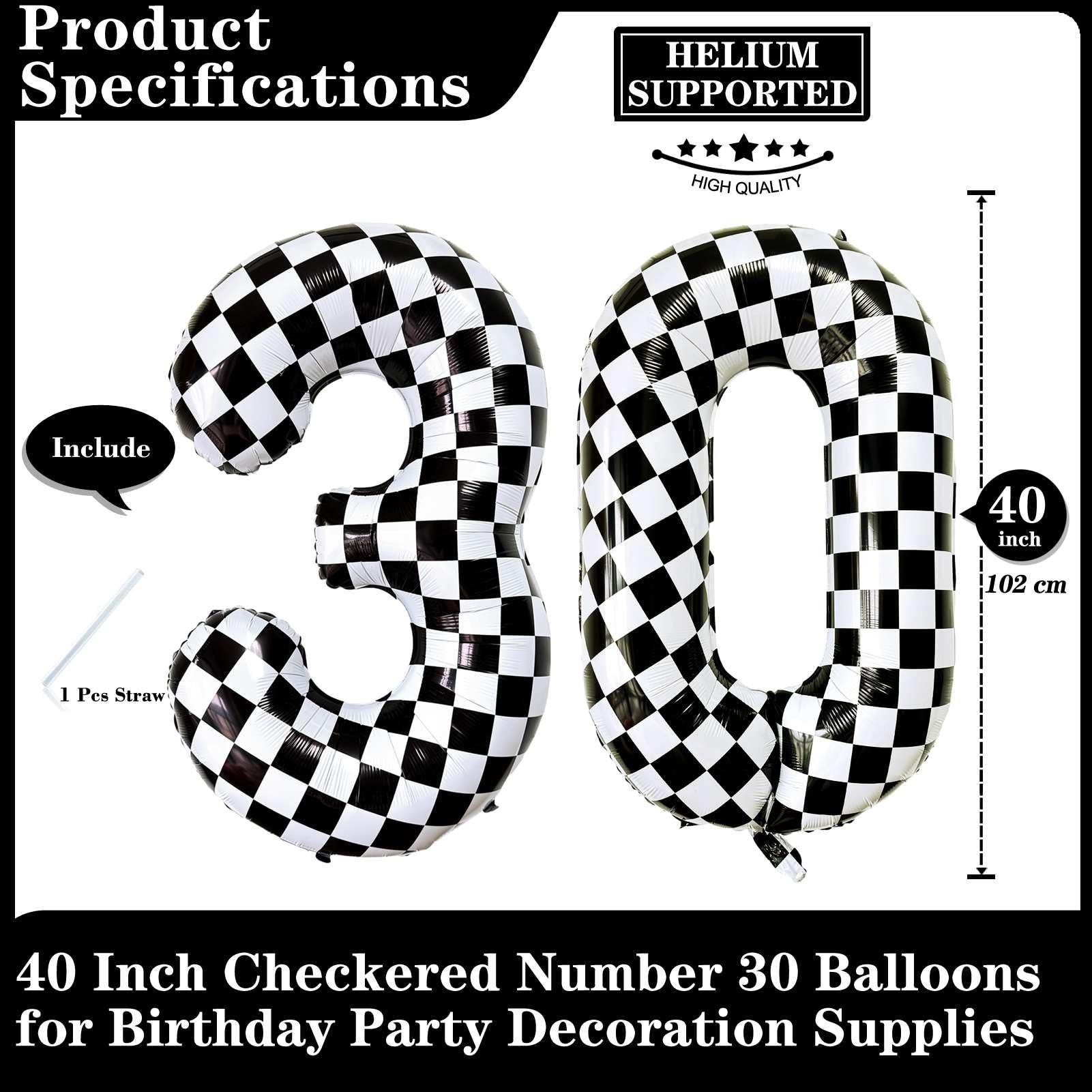 Lovoir Black White Checkered Number 30 Balloons, 40 Inch Giant Number Balloons Foil Mylar Helium Checkered Number 30 Balloons for 30th Birthday Party Supplies Anniversary Event Celebration Decorations