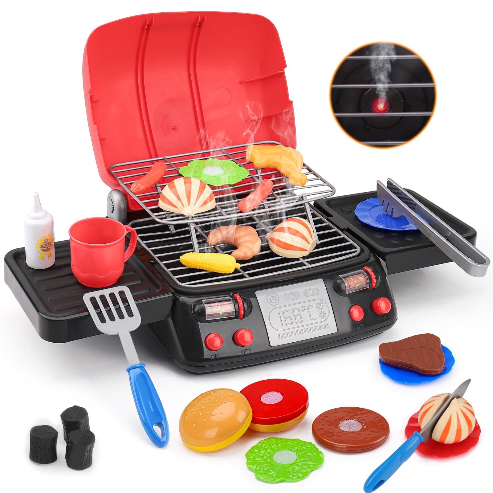 AugToy Kids Play Food Grill with Pretend Smoke Sound Light Kitchen Playset BBQ Accessories Camping Cooking Set Barbecue Toddler Girl Boy Toy 2 3 4 5 6 Year Old 4-8 Birthday Kid Toy Idea