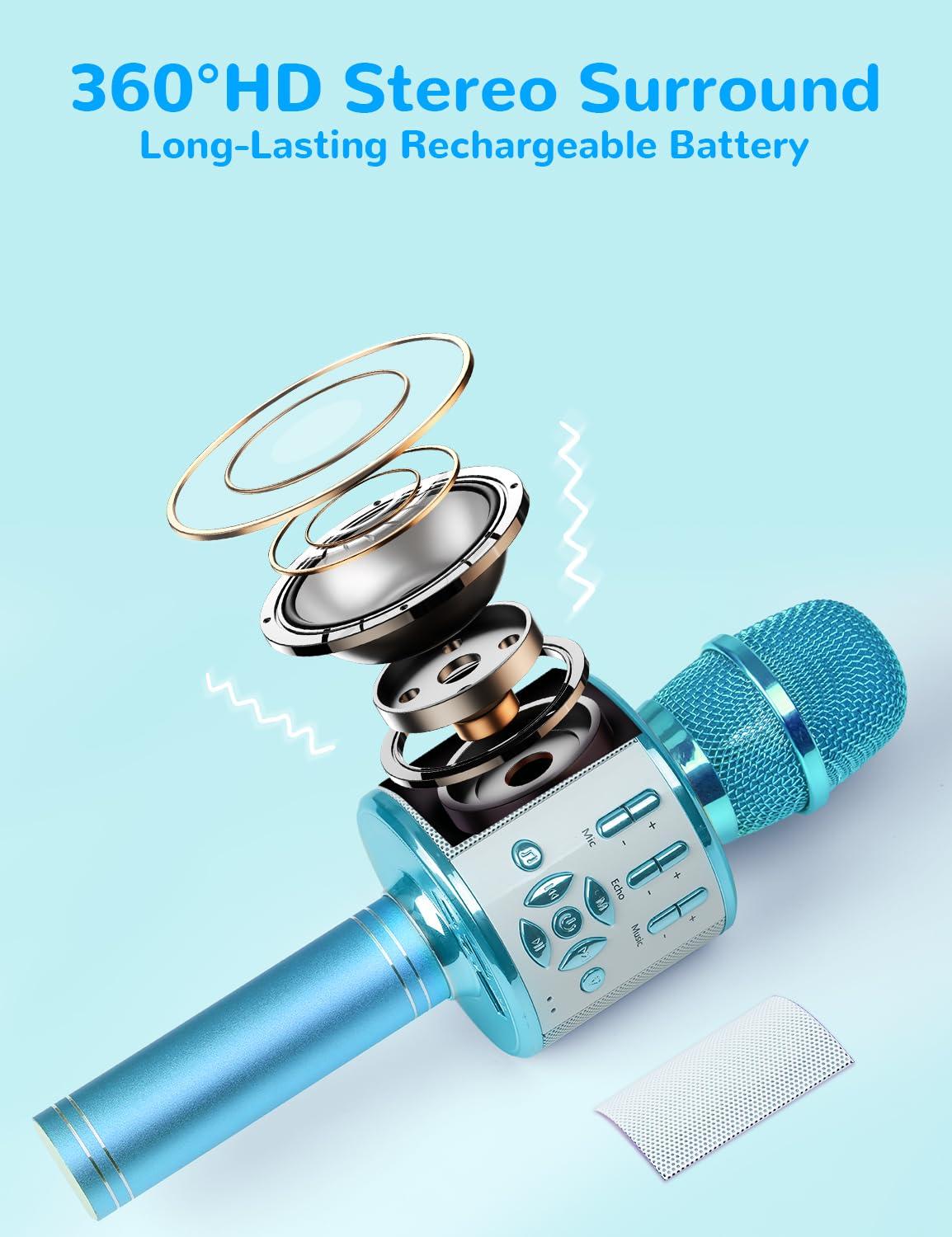 Amazmic Amazmic Kids Karaoke Microphone Machine Toys for Girls Bluetooth Microphone with LED Light, Birthday Gift for Girls Boys 3 4 5 6 7 8 9 10 11 12 Year Old Kids Toys(Blue)