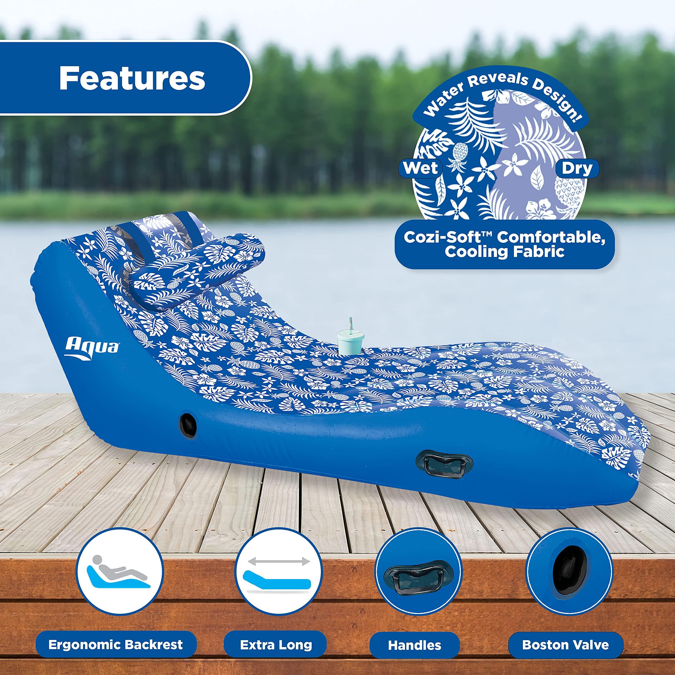 Aqua LEISURE Aqua Ultra-Comfort Floating Pool Chair & Lake Raft with Pillow 1-Person Heavy Duty Pool Float, Lake Floating Chair Blue Pineapple Hibiscus