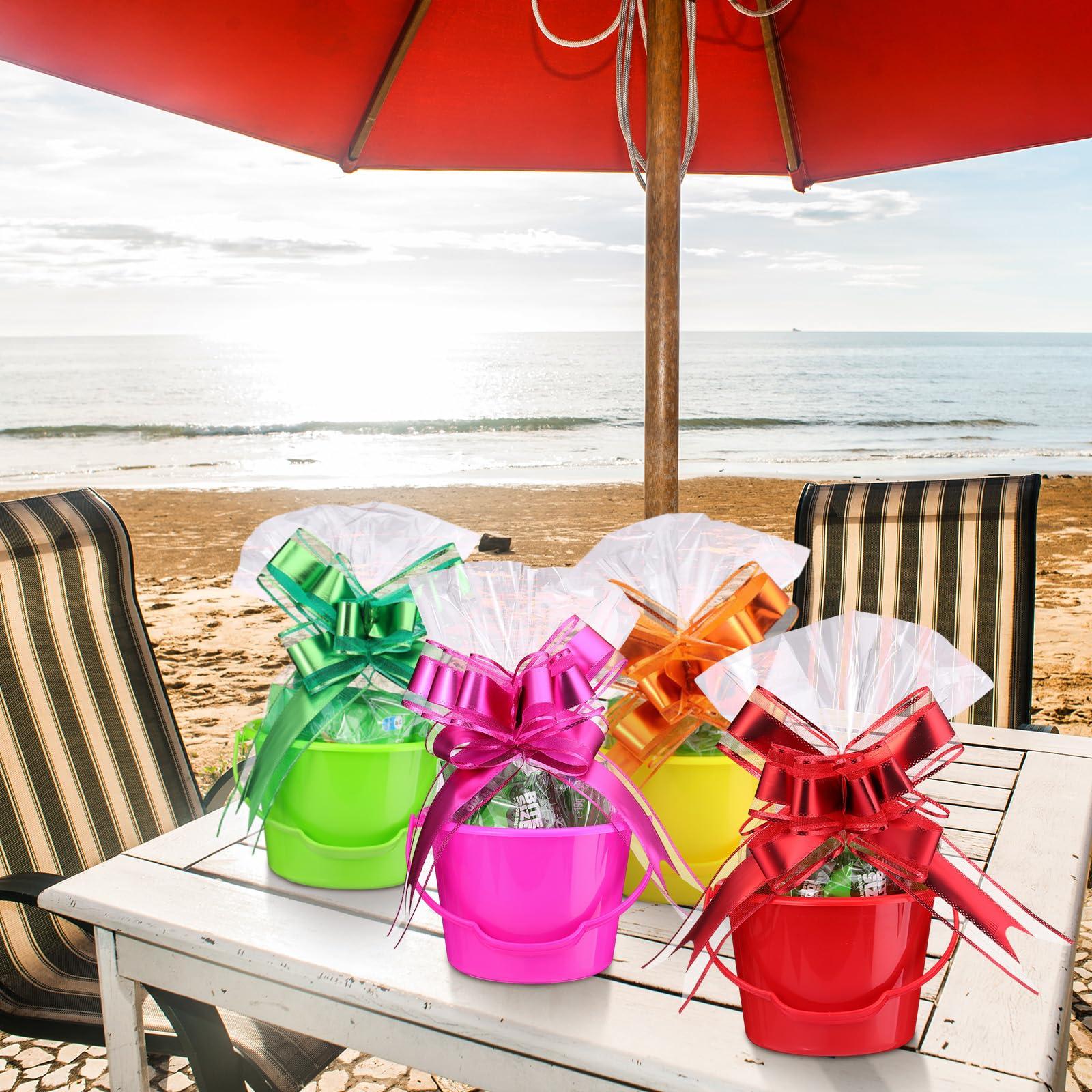 Sratte 10 Sets Sand Buckets and Shovels Set for Kids Plastic Mini Beach Pail and Shovel with 20 Pcs Clear Treat Bags and 20 Pcs Pull Bows for Boys and Girls Summer Beach Holiday Birthday Party Favors