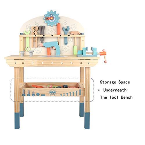 KIDS TOYLAND Wooden Power Tool Workbench for Kids, Building Tools Sets Pretend Play Toys - Construction Workbench with Wrench, Screwdriver, Miter Saw and Hammer - Educational Gift for Toddlers Age 3 and Up