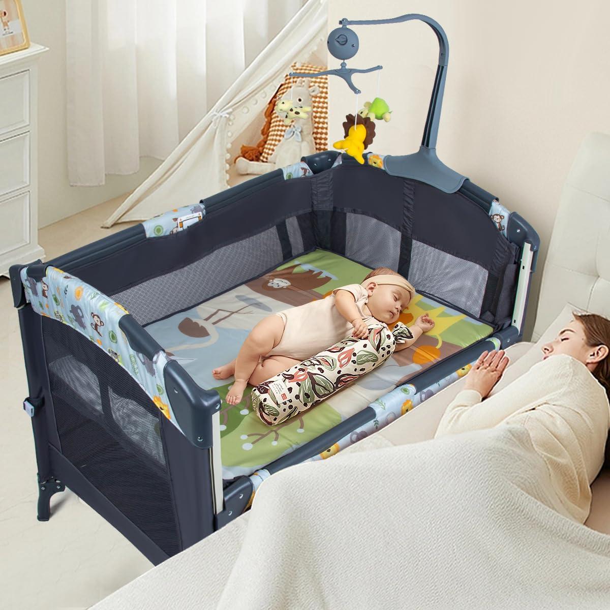 SIMPLGIRL 5-in-1 Baby Bassinet Bedside Crib, Pack and Play Long Next to Parents Bed Crib with Toys & Music Box, Mattress, Foldable Playard, Playpen Travel Bed Nursery Center for Girl Boy Infant Newborn