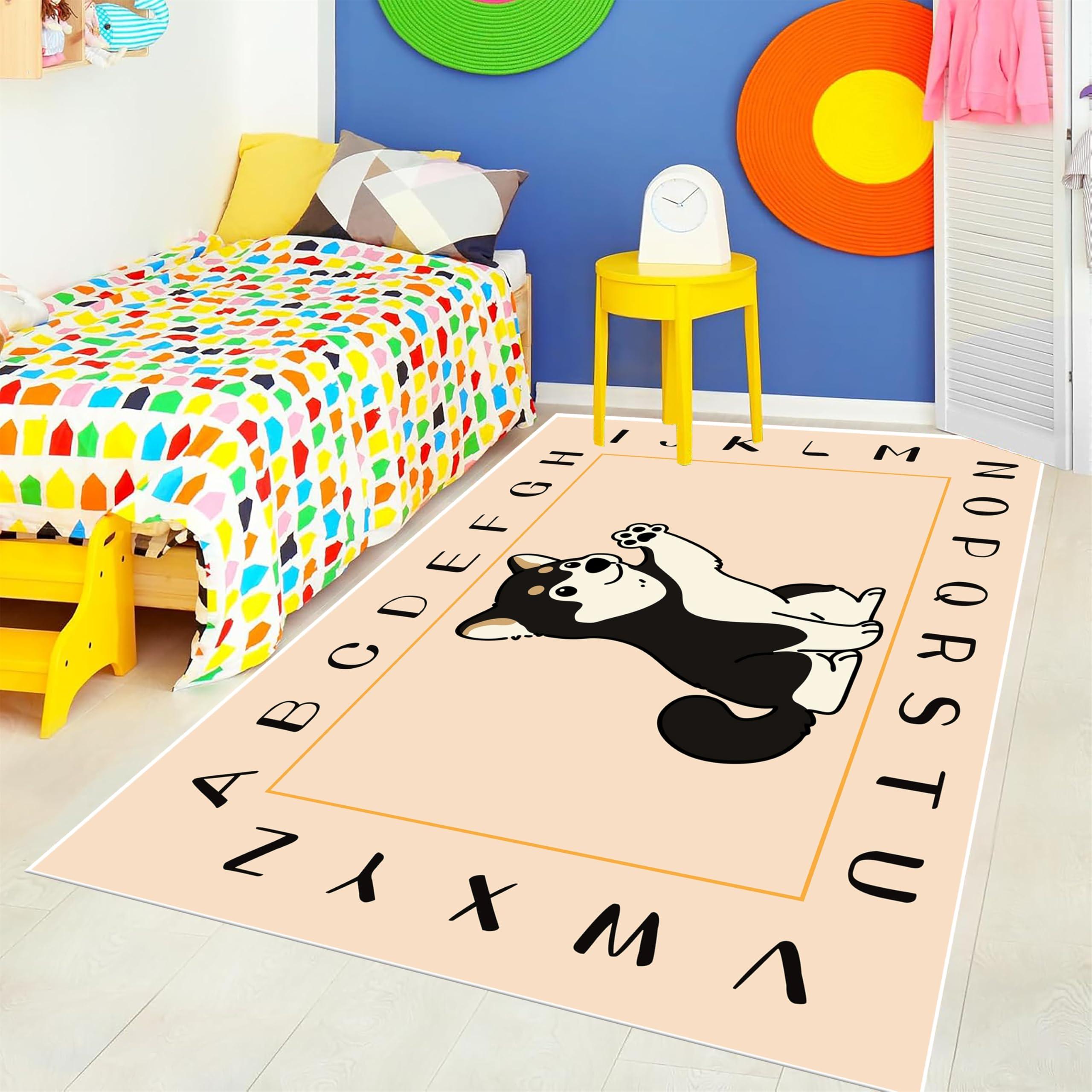 rugylsf Cartoon Husky ABC Kids Rug 4x6ft Toddler & Infant Toddler Floor Mats Alphabet Learning Rugs Soft Durable Non-Slip Play Mats Nursery Area Rugs Bedroom Rugs Kids Room Rugs
