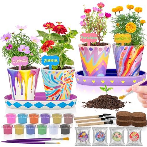 Tekoly 4 Set Paint & Plant Flower Gardening Kit - Gifts for Girls Ages 8-12, Arts and Crafts for Kids Ages 8-12, Kids Gardening Set, Birthday Toys Christmas Gifts for Girls Boys Ages 4 5 6 7 8 9 10 11 12
