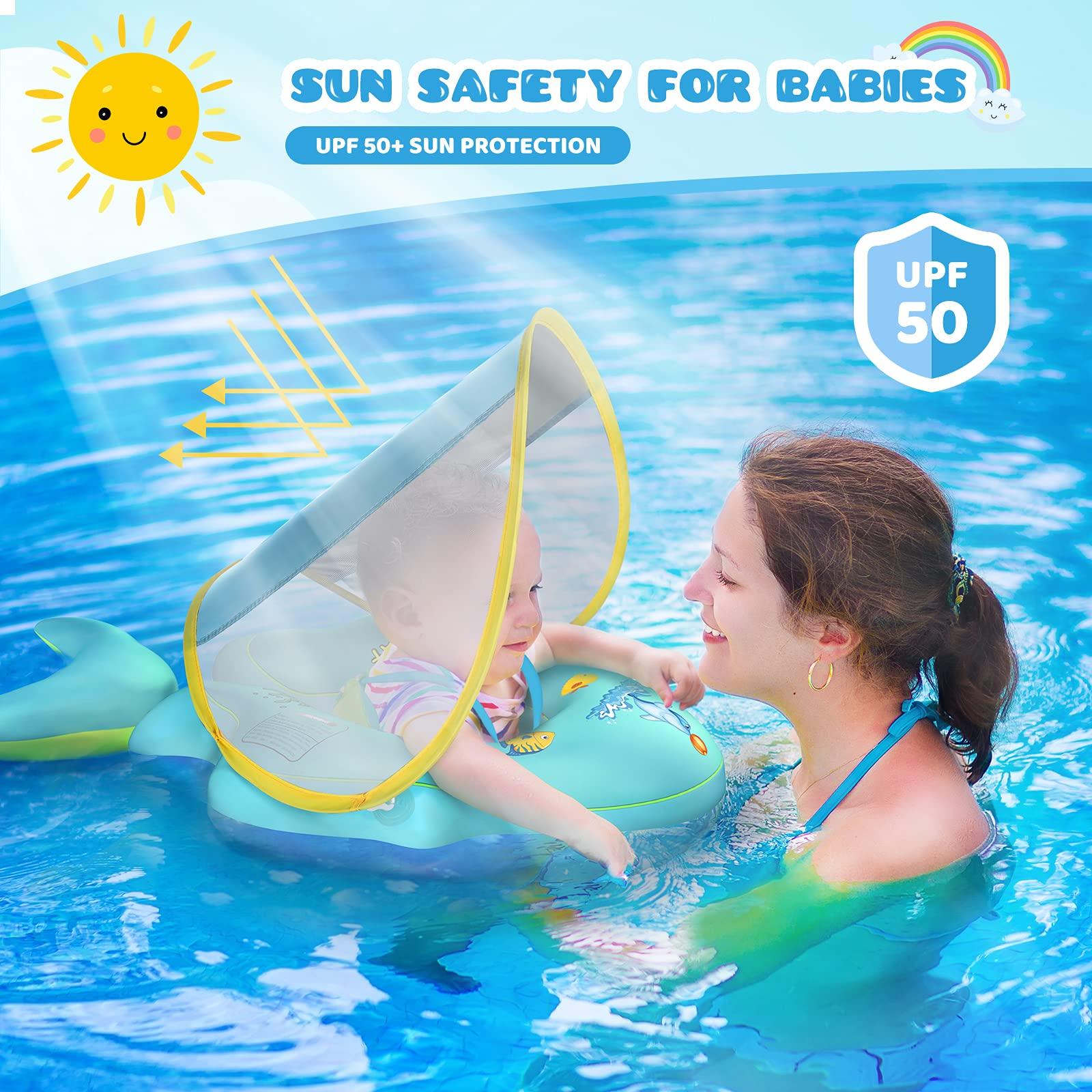balhvit No Flip Over Baby Pool Float with Canopy UPF50+ Sun Protection, Sponge Safety Support Bottom, Fun Gifts Water Toys Accessories Inflatable Baby Swim Floats for Pool 3-36 Months