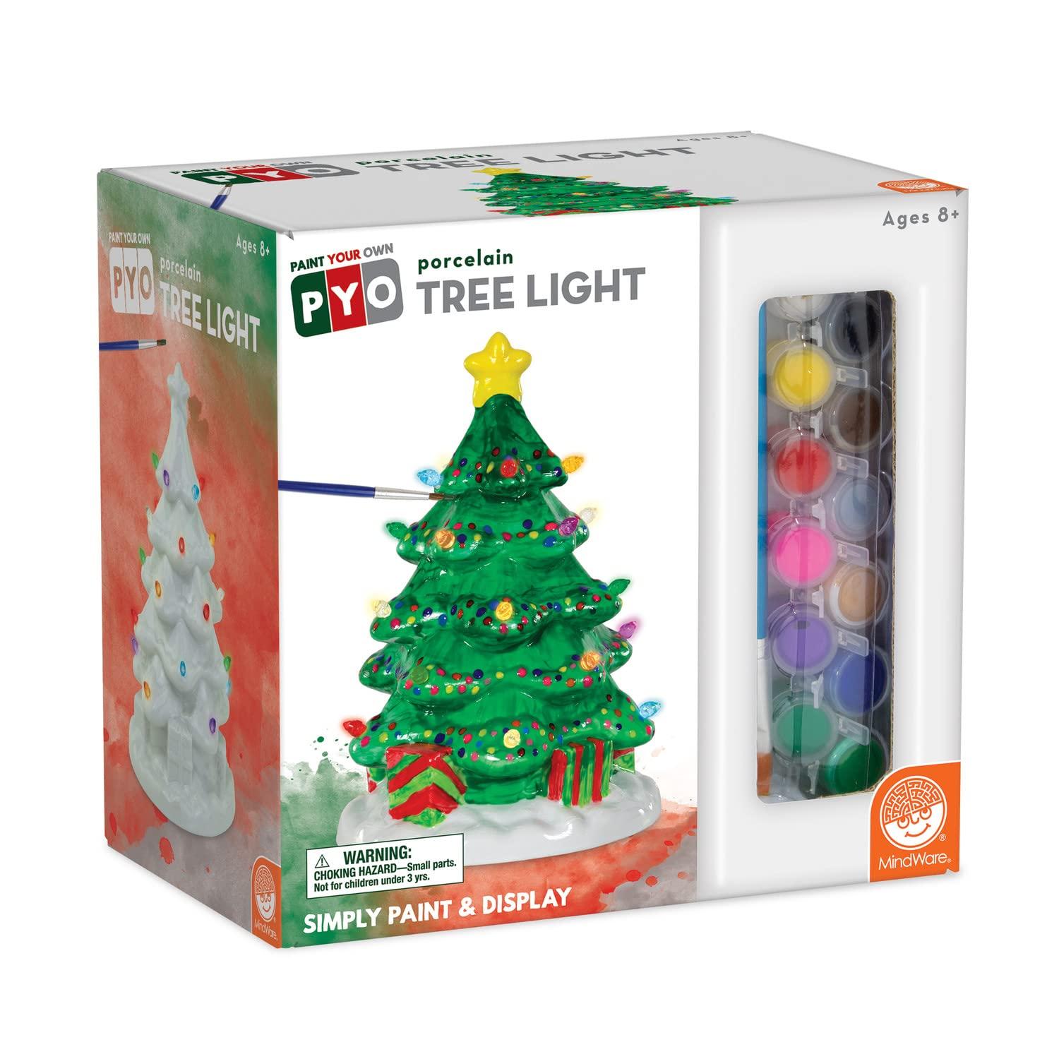 MindWare MindWare Paint Your Own Porcelain Christmas Tree with Plastic Lights and LED Light and Timer Function Tabletop Dcor and Nostalgic Craft Project for Making Family Memories