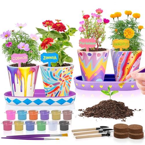 Tekoly 4 Set Paint & Plant Flower Gardening Kit - Gifts for Girls Ages 8-12, Arts and Crafts for Kids Ages 8-12, Kids Gardening Set, Birthday Toys Christmas Gifts for Girls Boys Ages 4 5 6 7 8 9 10 11 12