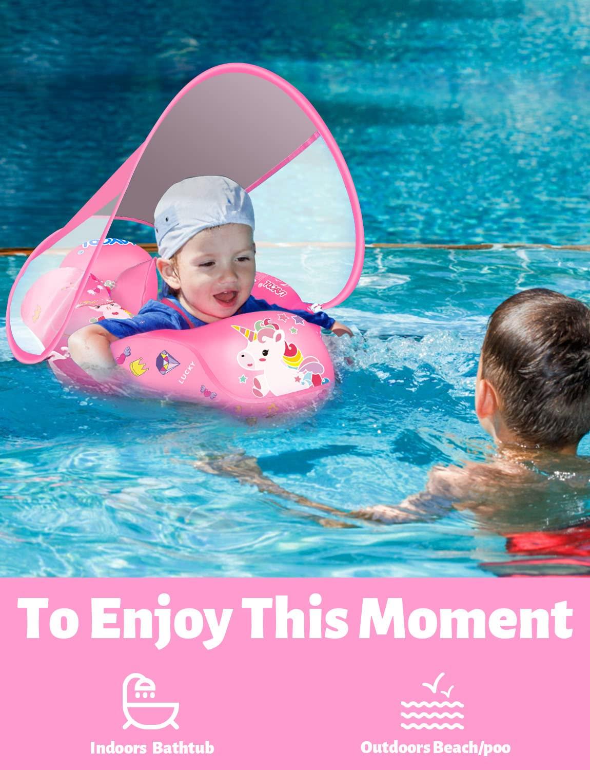LAYCOL LAYCOL Baby Swimming Float Inflatable Baby Pool Float Ring Newest with Sun Protection Canopy,add Tail no flip Over for Age of 3-36 Months (Unicorn, S)