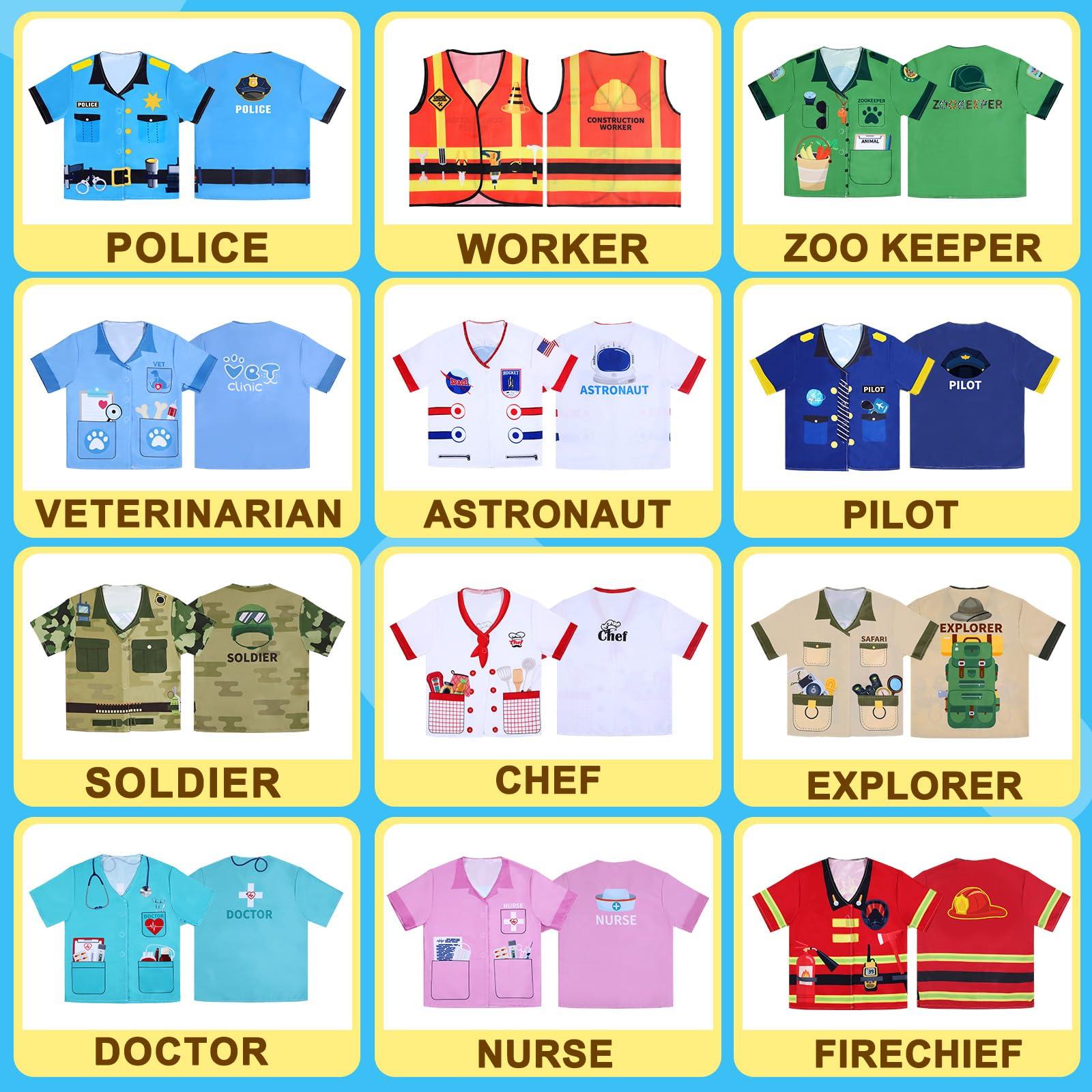 Jiuguva Jiuguva 12 Pcs Kids Role Play Costume Dress up Clothes Cosplay for Kids Community Helper Career Costumes Doctor Construction Workers Fireman Police Career Day Pretend Play