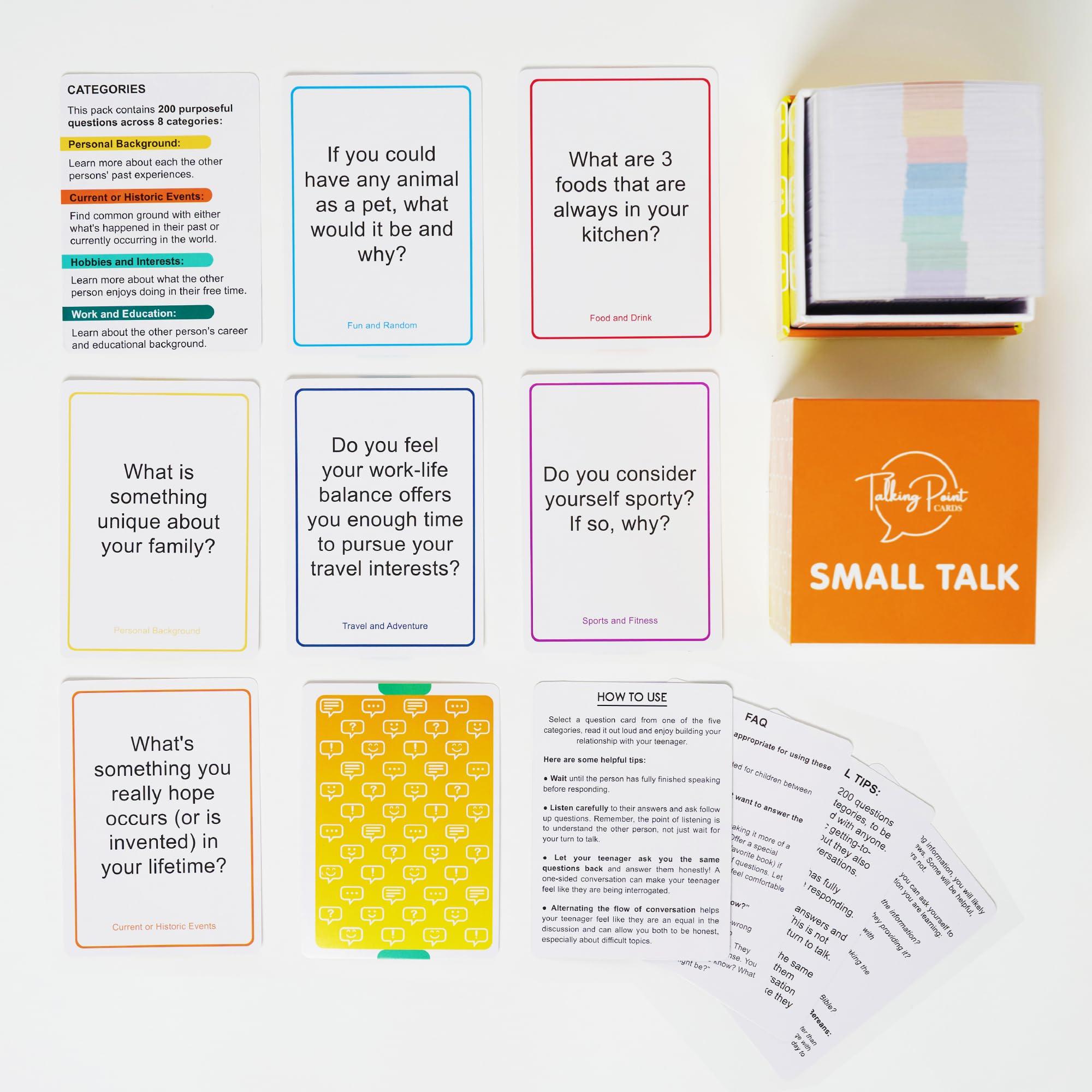 TALKING POINT CARDS 200 Ice Breaker Conversation Cards - Conversation Starters Friendly Small Talk Icebreakers for Friends, Coworkers, Family, Dates, & Acquaintances - Fun for Parties, Road Trips, Vacation Game Night