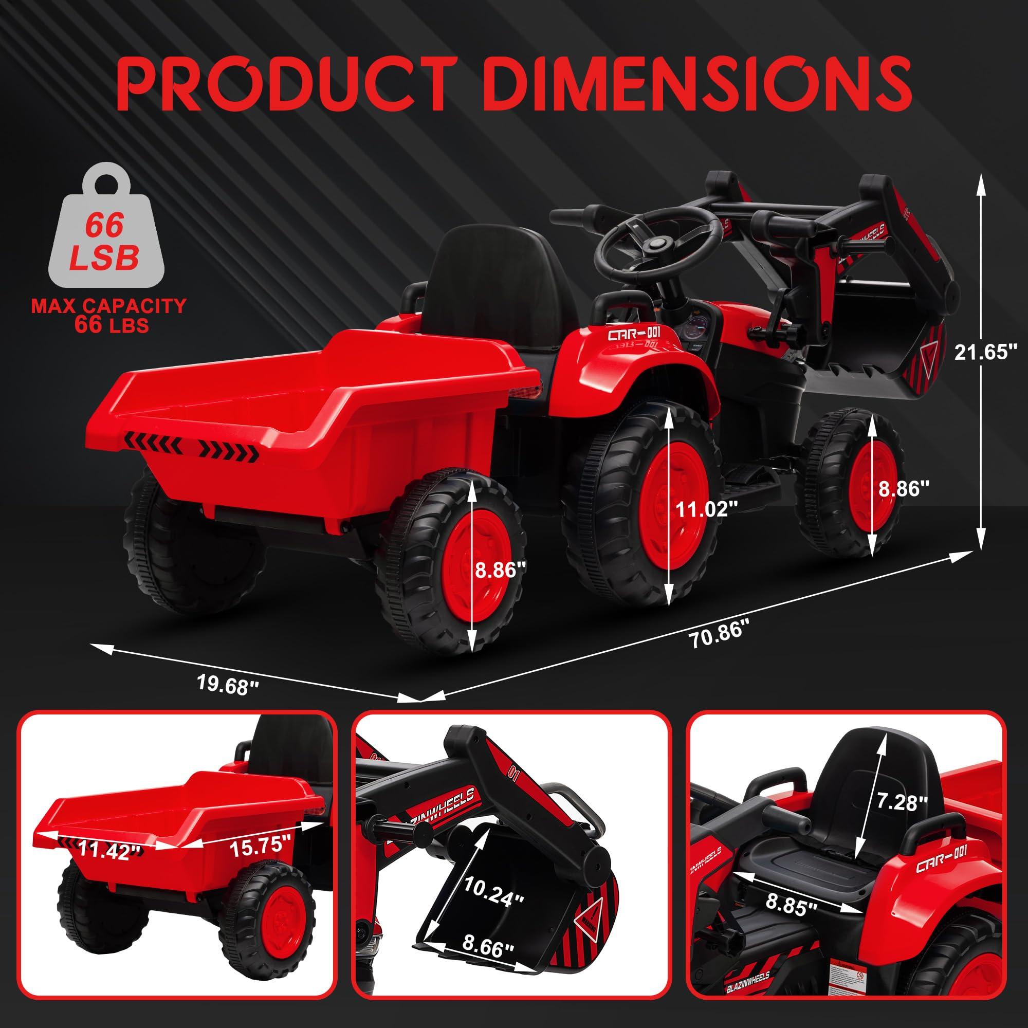 Hetoy Hetoy 12V 3 in 1 Kids Ride on Excavator & Tractor with Detachable Trailer, Kids Electric Vehicles with Remote Control, Digger, LED Lights, Music, Ride on Car Toy for Boys Girls, Red