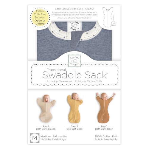 SwaddleDesigns SwaddleDesigns Transitional Swaddle Sack, Arms Up Half-Length Sleeves & Mitten Cuffs, Swaddle for Newborn Transition to Baby Sleep Sack Wearable Blanket, Medium, 3-6 Month, 14-21 lb, Heathered Denim