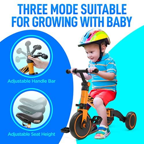 Hurtle 3 in 1 Kids Tricycles - Balance Training Bike Convertible Toddler Walker Riding Toys for 10 Month to 3 Year Old Boys Girls w/Removable Pedals, Carbon Steel Frame, Adjustable Seat Height (Tiger)