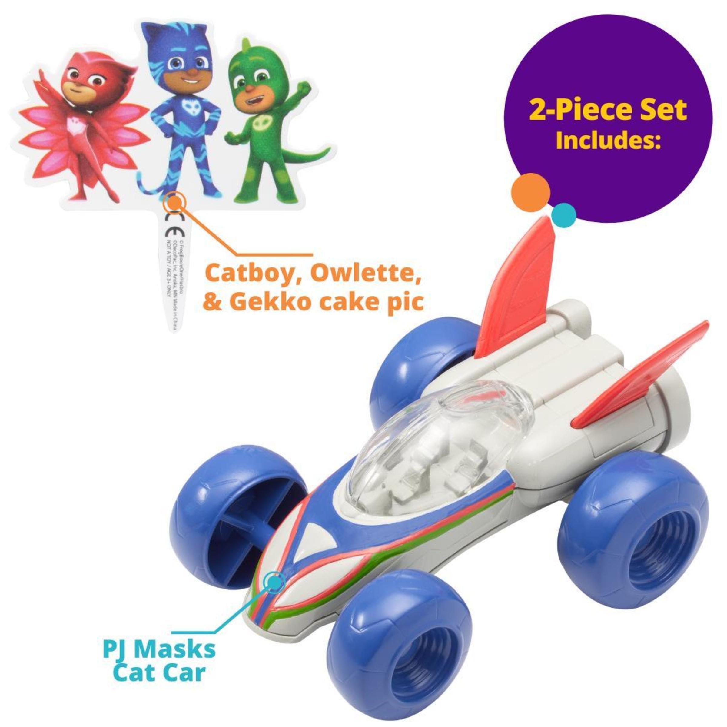 DecoPac DecoSet PJ Masks Save the Day Cake Topper, 2 Piece Cake Decoration With Free-Wheeling Car And Catboy, Owlette, and Gekko Pic | For Birthday, Parties, Celebration