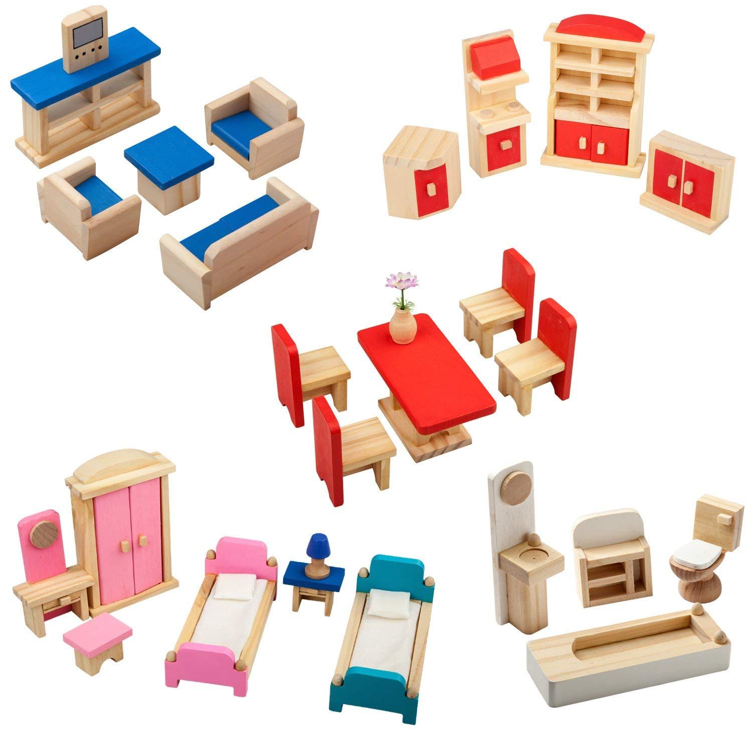 Giragaer Giragaer Wooden Dollhouse Furniture 5 Set, Wood Doll House Miniature Bathroom/ Living Room/ Dining Room/ Bedroom/ Kitchen House Furniture Doll Decoration Accessories Pretend Play Kids Toy Colorful…